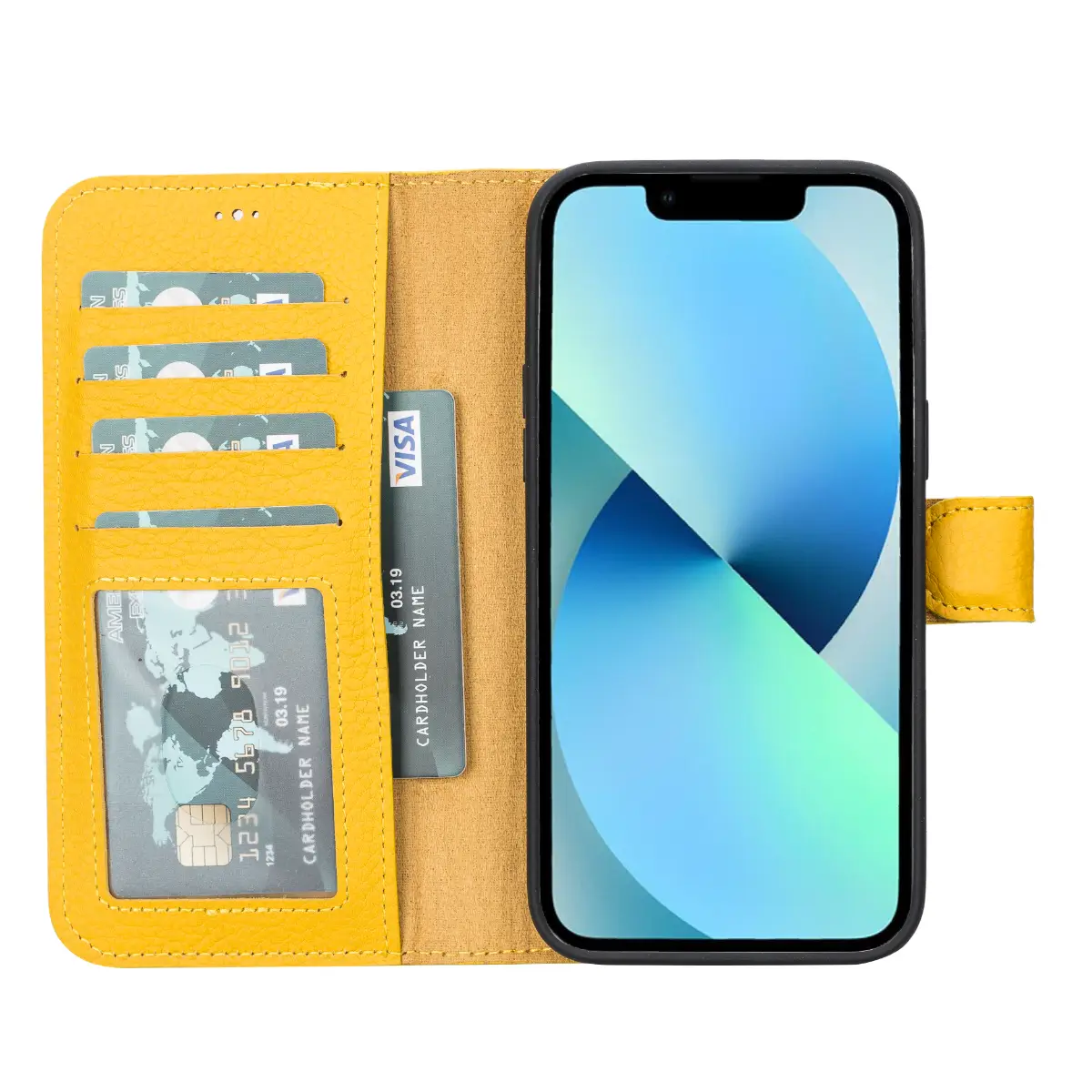Premium Yellow Leather Wallet Case for iPhone 14 Pro Max - Slim RFID Blocking Phone Cover with Card Slots | Perfect for Travel, Shopping & Everyday Use