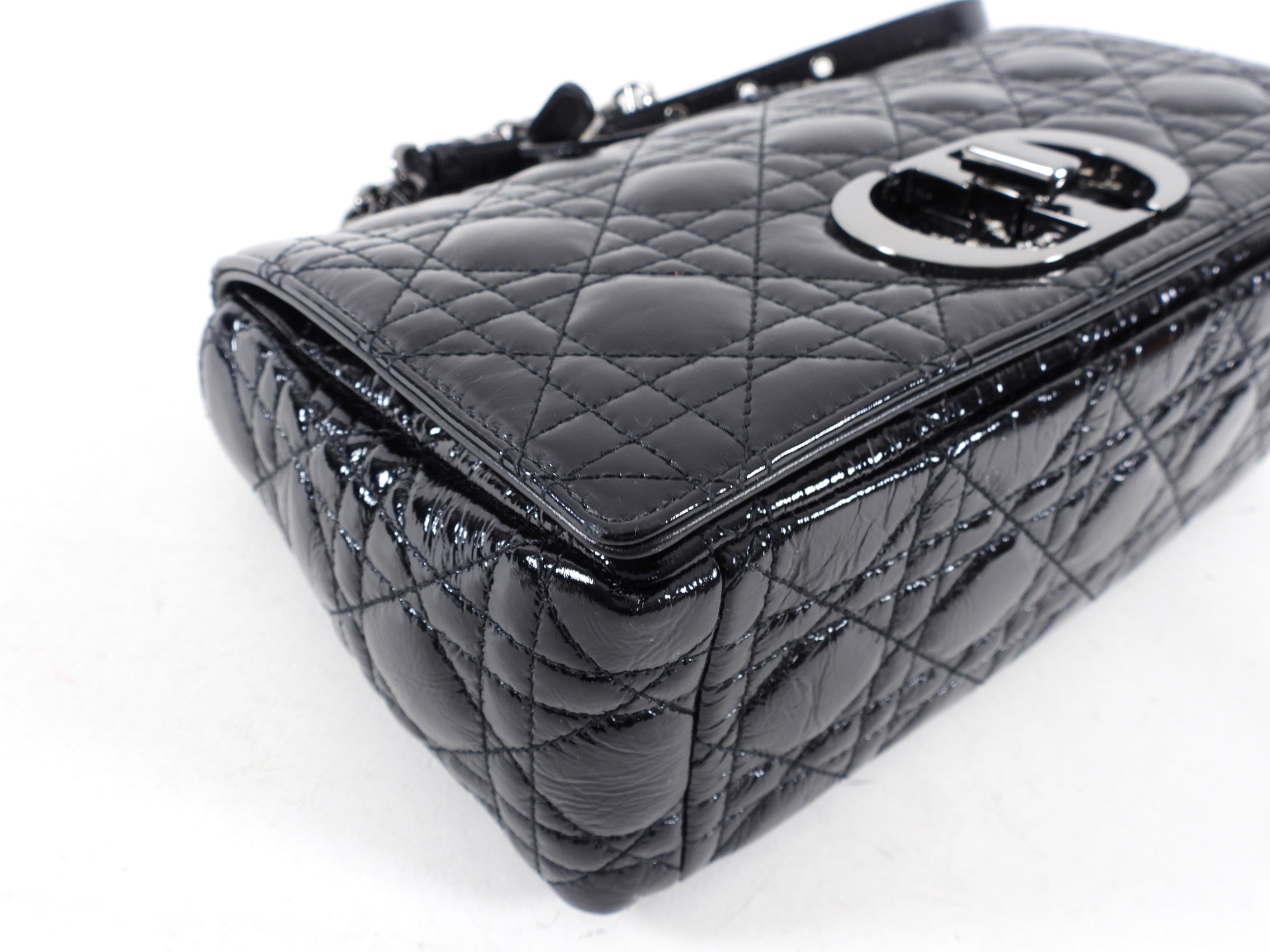 Christian Dior Black Patent Leather Caro Medium Cannage Flap Bag - Luxury Designer Handbag for Women, Perfect for Evening Events & Special Occasions