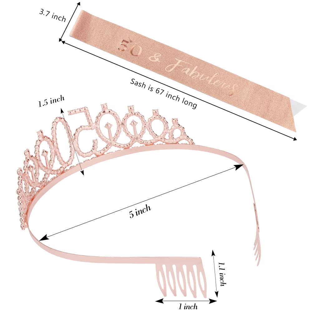 50th Birthday Tiara & Sash Set - Rose Gold Women's 50th Birthday Party Crown & Decorations | Perfect 50th Birthday Gift for Women | Great for Milestone Birthday Celebrations, Photo Shoots & Special Occasions