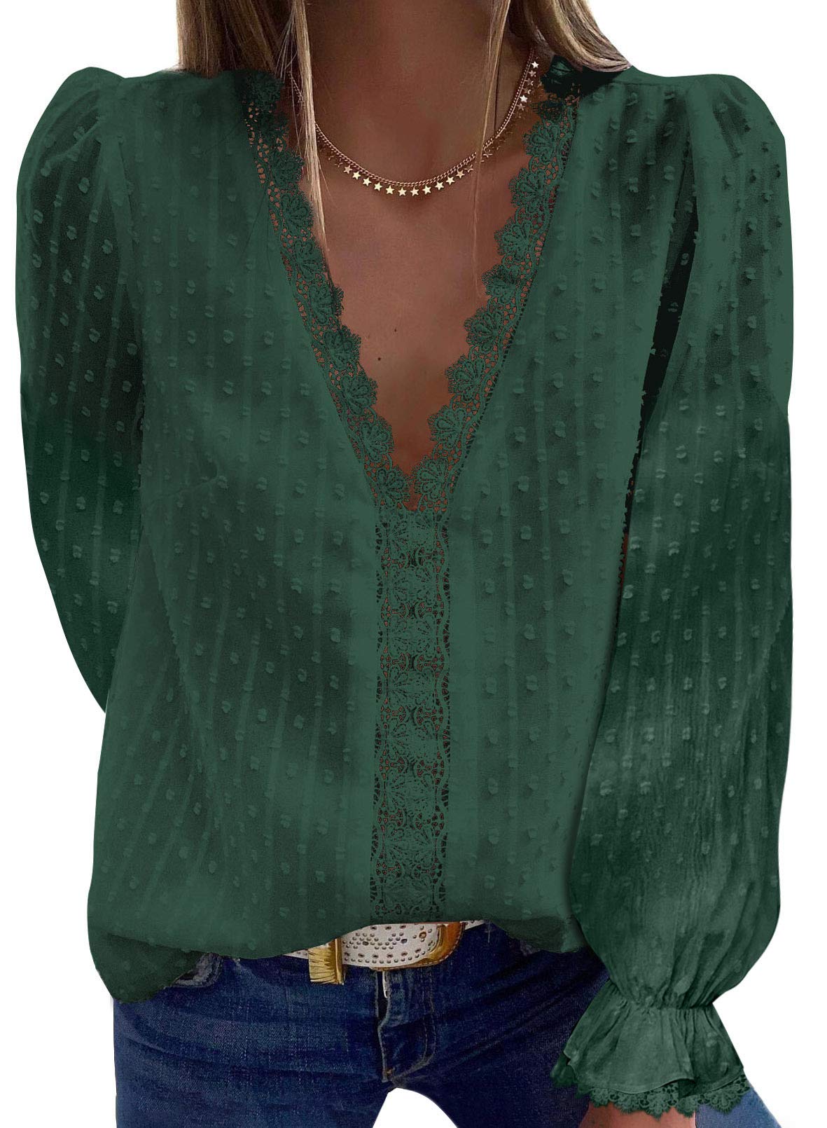 SHEWIN Women's Casual Lace Crochet V-Neck Long Sleeve Blouse Top - Elegant Boho Chic Shirt for Spring/Summer, Office Wear, Date Night & Special Occasions