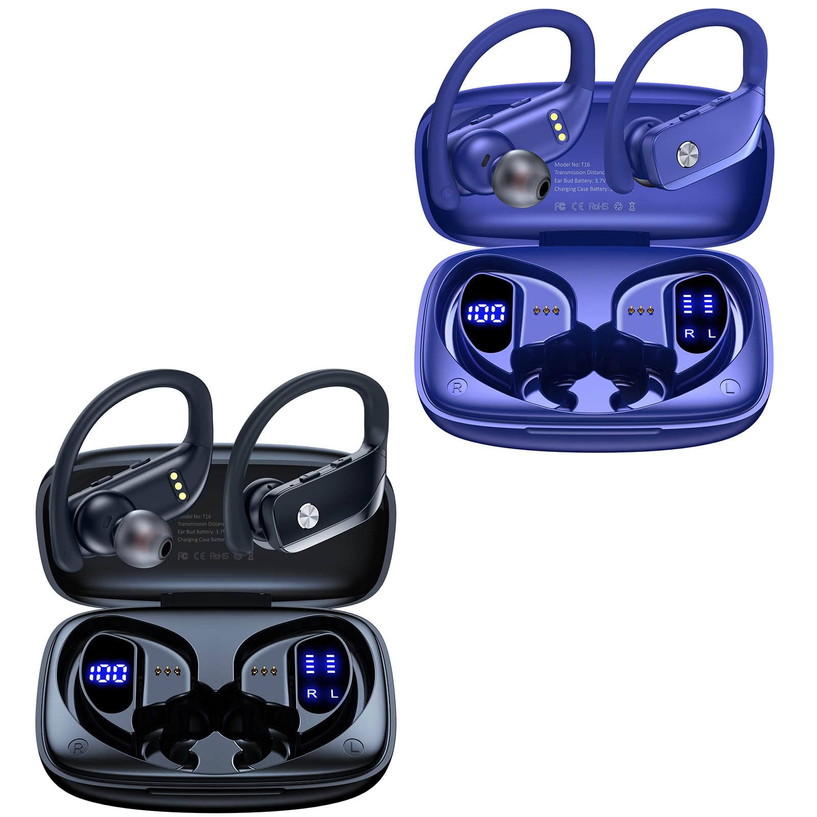 bmani 2 Packs Wireless Bluetooth Earbuds with LED Display - 48H Playtime, Over-Ear Sport Earphones with Built-in Mic & Earhooks for Running, Gym Workouts (Black + Blue) - Perfect for Fitness, Commuting & Outdoor Activities