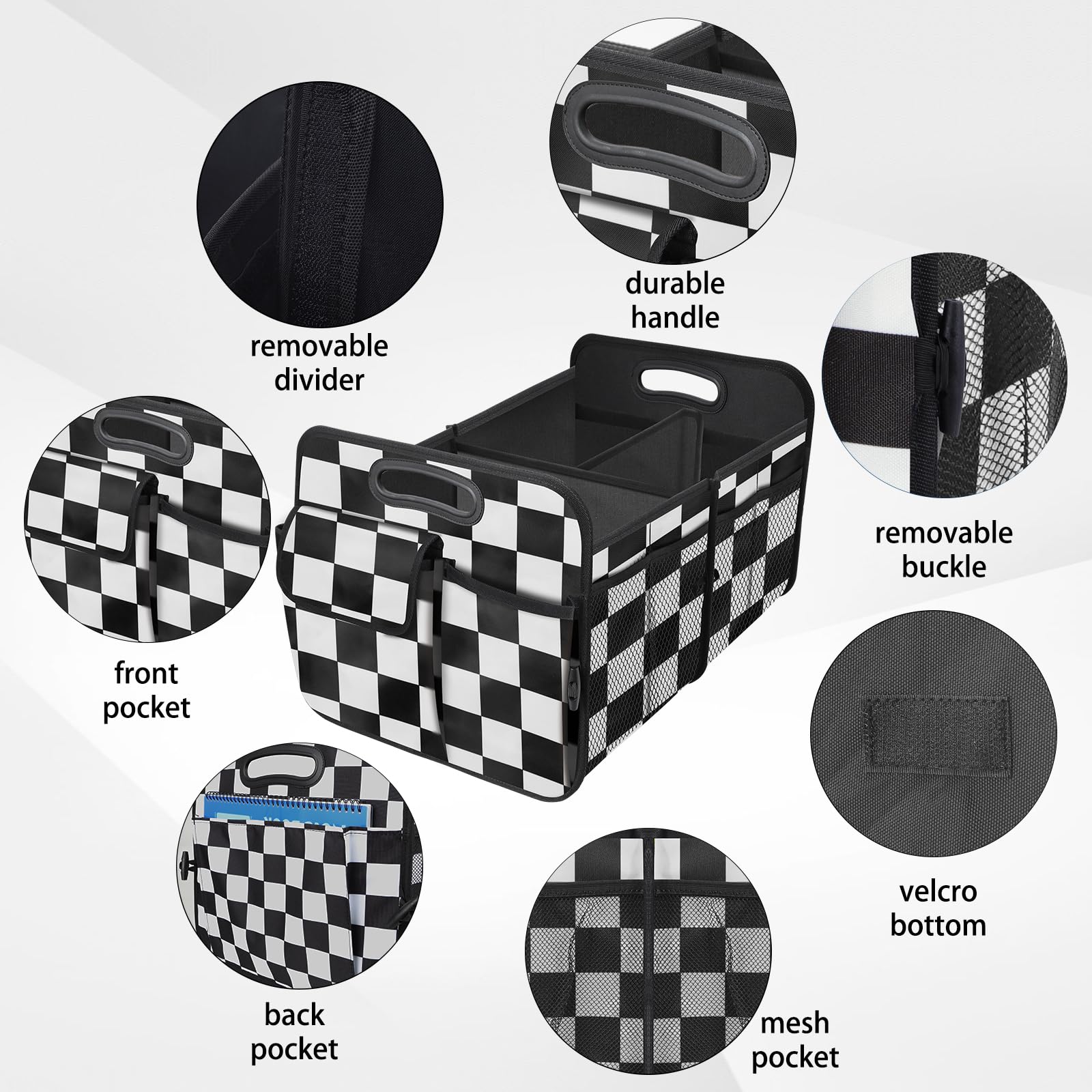 Collapsible Trunk Organizer for Car - Multi-Compartment Storage Accessory for SUV, Sedan & Minivan | Black Plaid Design | Perfect for Travel, Groceries & Road Trips