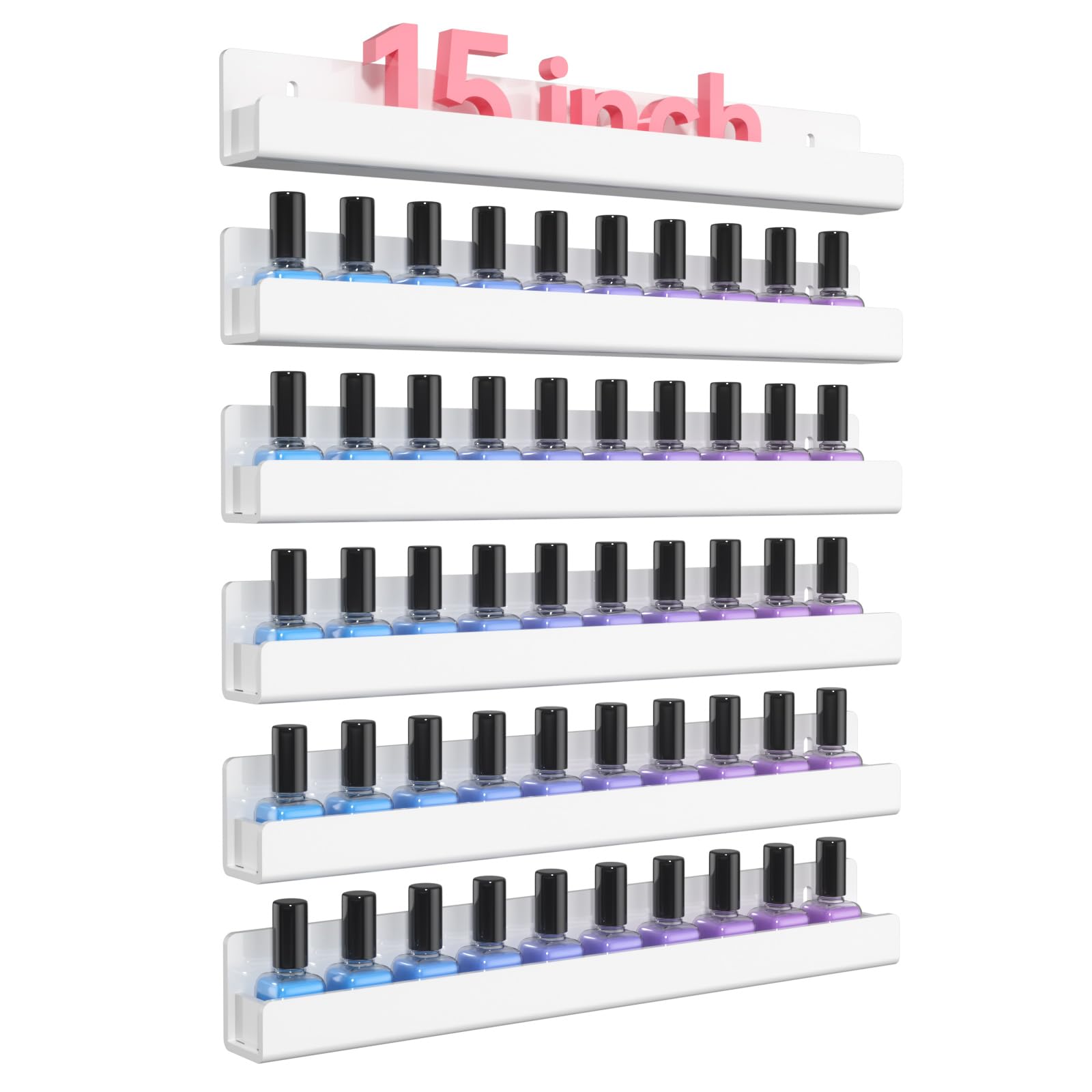 NIUBEE 6 Pack Clear Acrylic Nail Polish Wall Mounted Shelf - Holds 90 Bottles, 15 Inch Nail Polish Organizer for Salon, Bathroom & Retail Store Display - Perfect for Nail Art Studio, Home Decor and Gift Shop Organization (White)