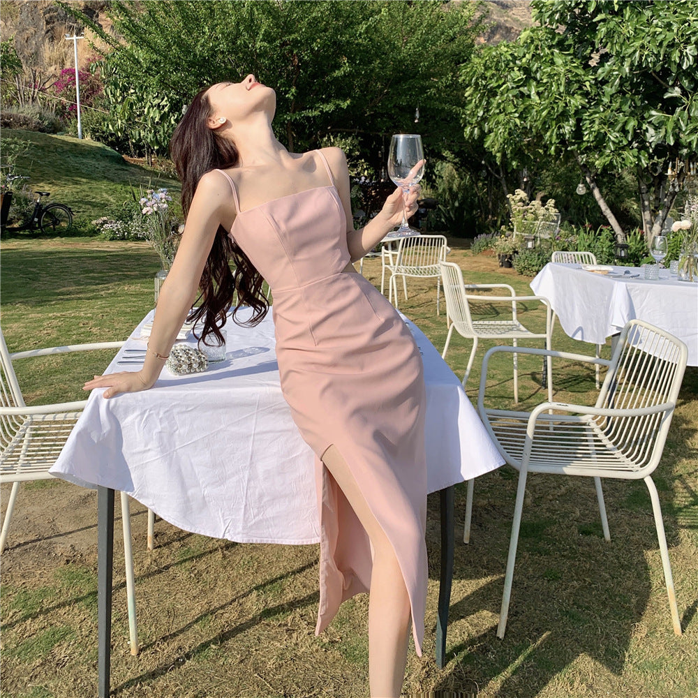 French Style Slit Pink Spaghetti Strap Dress - 2023 Summer Sexy Women's Dress - Perfect for Date Night, Beach Vacation & Cocktail Parties