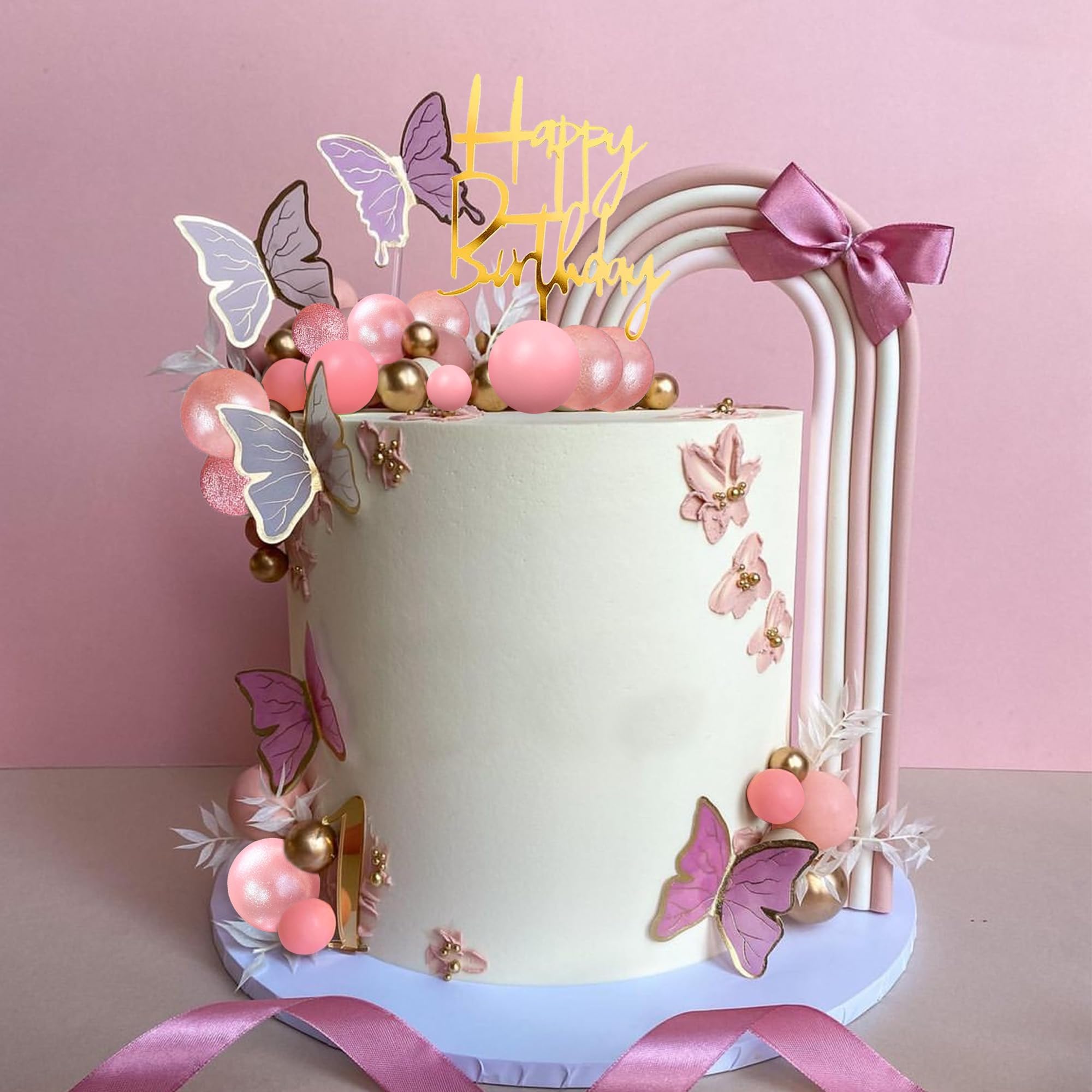Pink Butterfly Cake Topper with Balls - Boho Birthday Cake Decorations for Baby Shower, Wedding & Party Supplies | Perfect for Boho-Themed Celebrations and Special Occasions