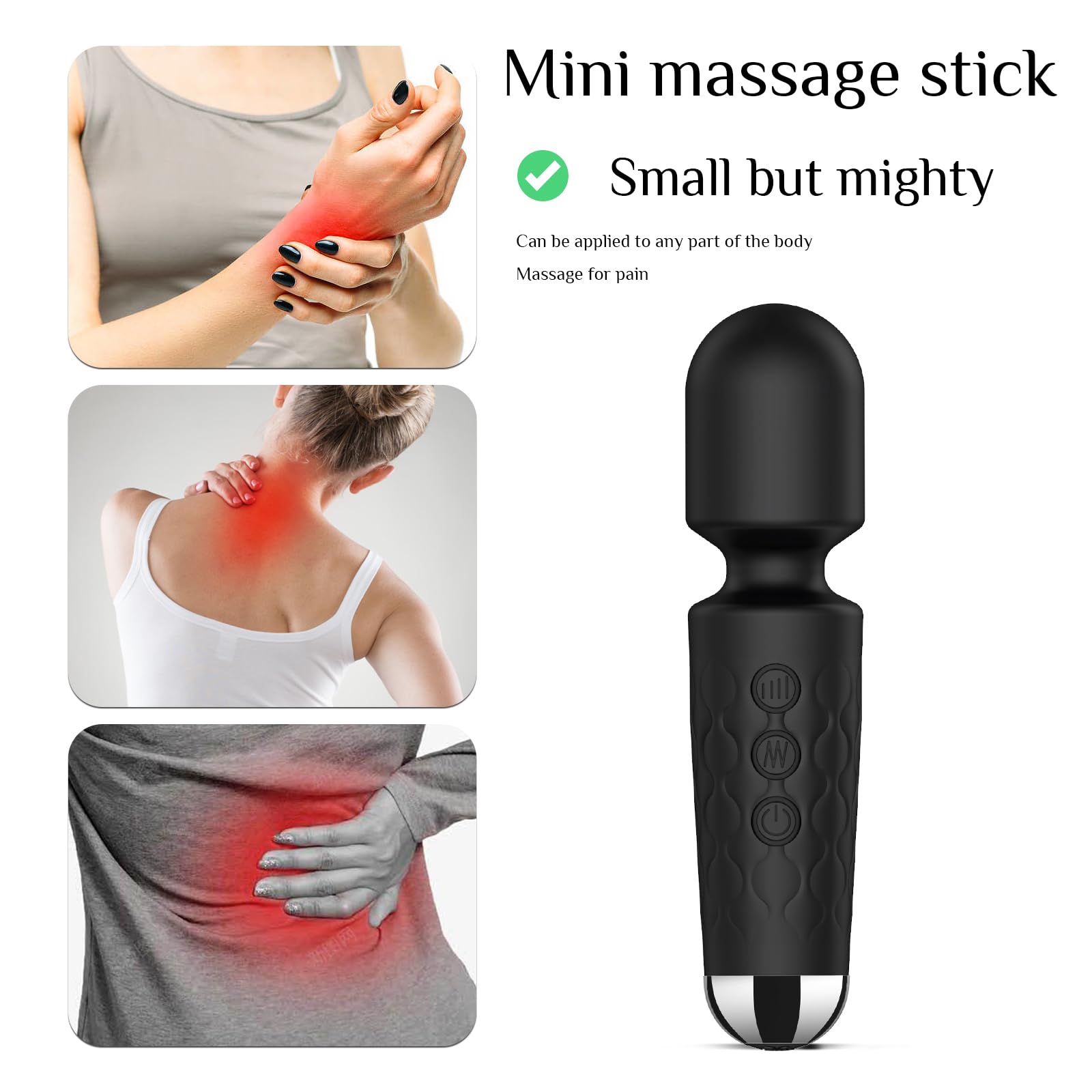 Powerful Mini Wand Vibrator for Women - 20 Patterns & 8 Speeds Clitoral Stimulator, Quiet Rechargeable Sex Toy - Perfect for Solo Play, Couples Intimacy & Sensual Gifts (Black)