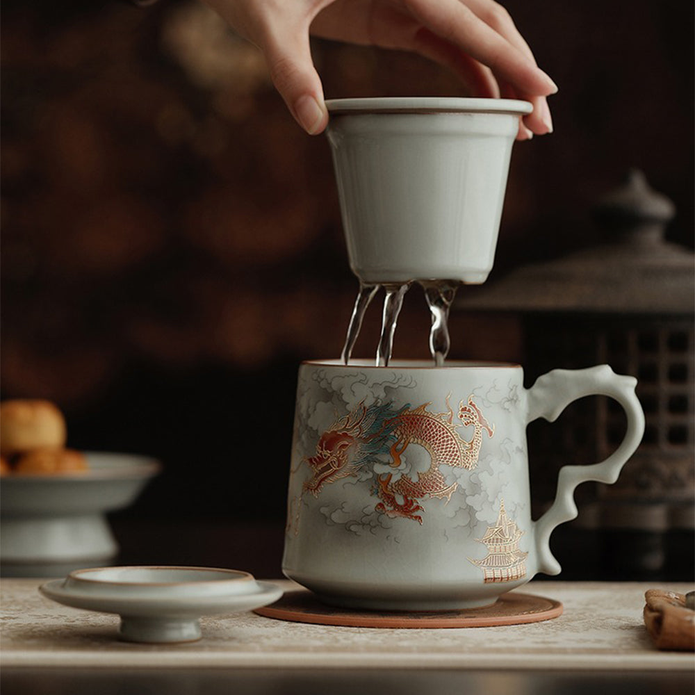 Exquisite Chinese Ruyao Dragon Tea Cup with Infuser - Premium Ceramic Tea Set for Loose Leaf Tea - Perfect for Home, Office, and Gift Giving