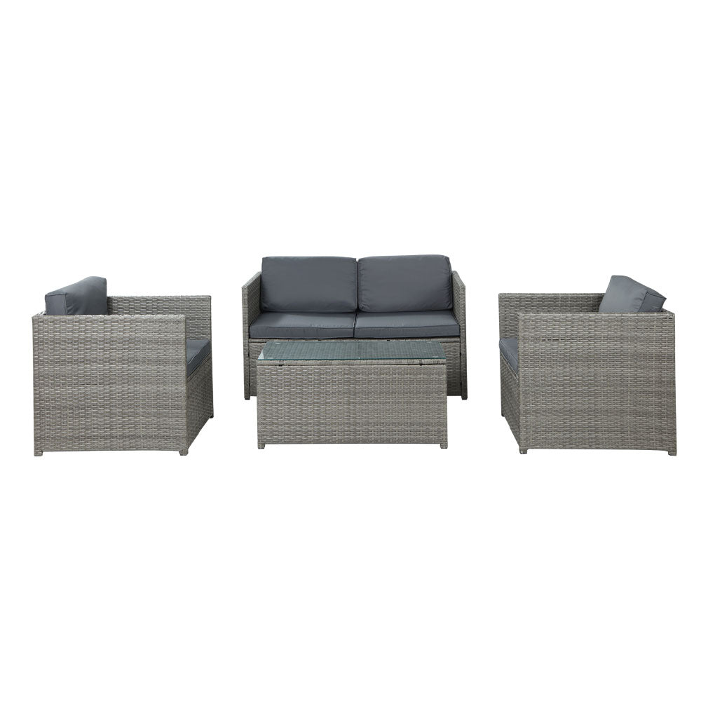 4 Piece Outdoor Patio Sofa Set - Waterproof Wicker Couch & Lounge Chairs with Grey Cushions - Perfect for Backyard, Garden, Poolside or Deck Relaxation