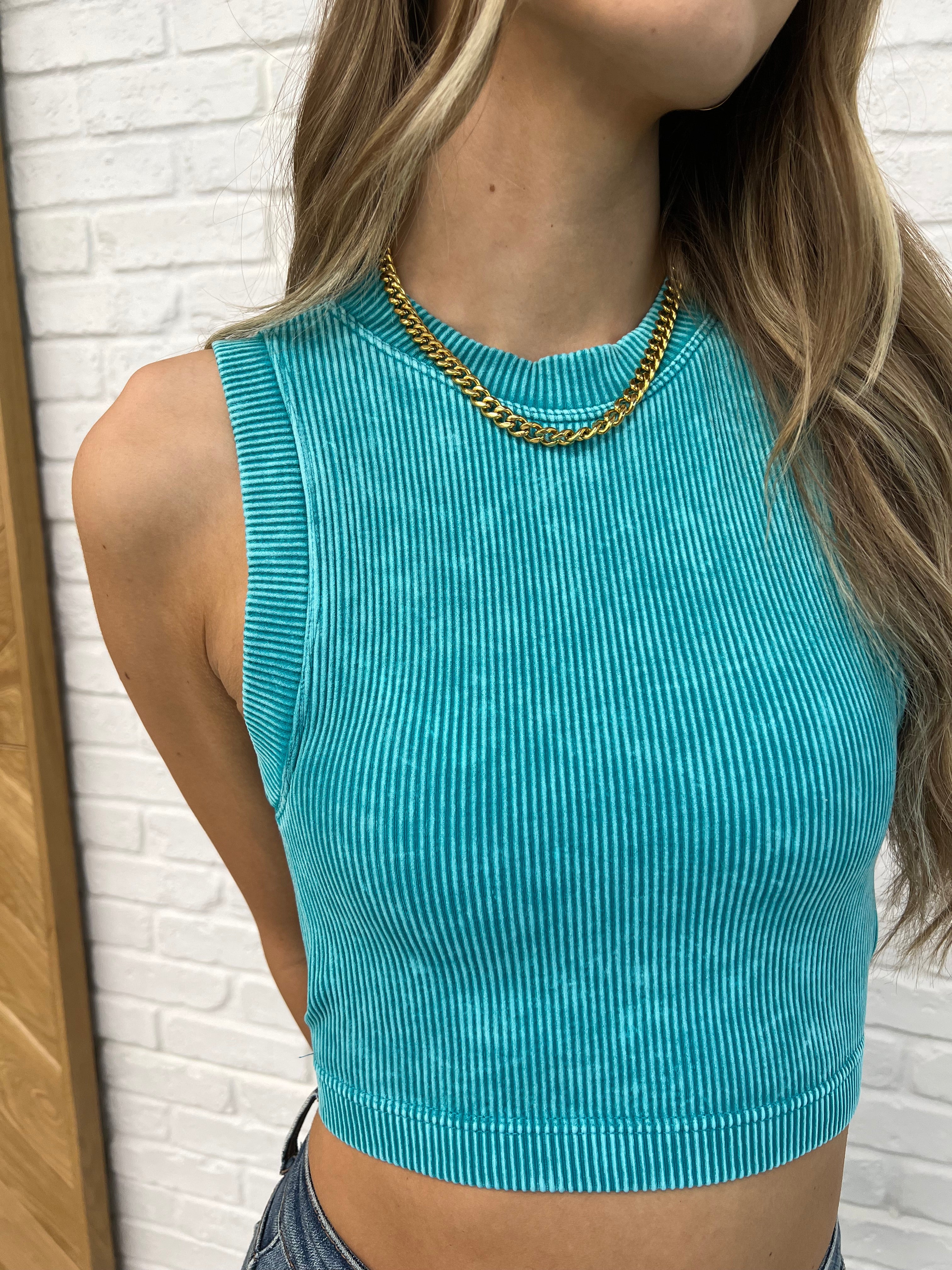 Over and Out Cropped Ribbed Tank Top in Light Teal - Women's Fashion Stretch Fit Summer Casual Wear for Beach & Outings