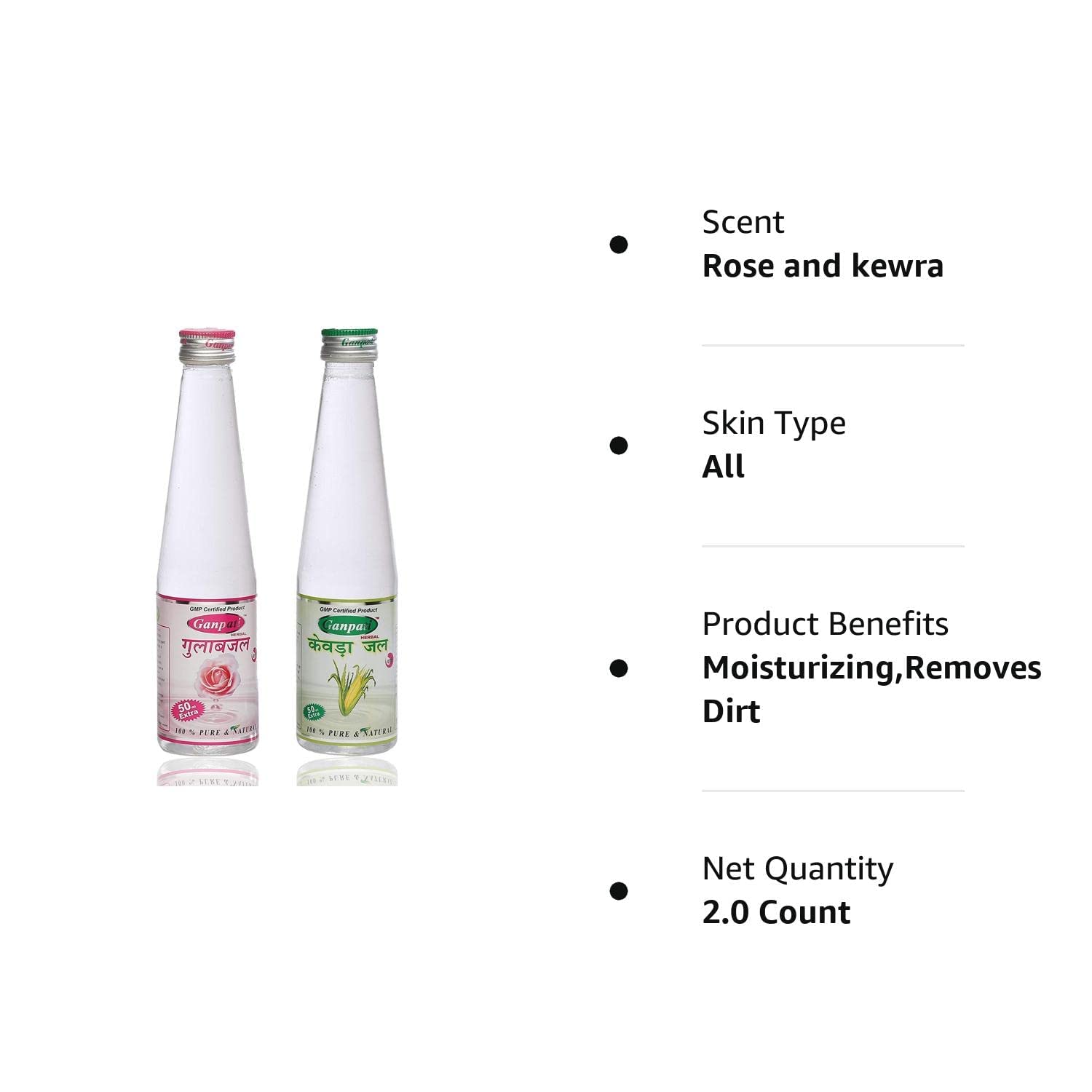 Ganpati Herbal Rose Water 250ml & Kewra Water 250ml - Natural Skin Toner & Hair Mist for Glowing Complexion & Fragrant Aroma, Perfect for Daily Skincare & Aromatherapy