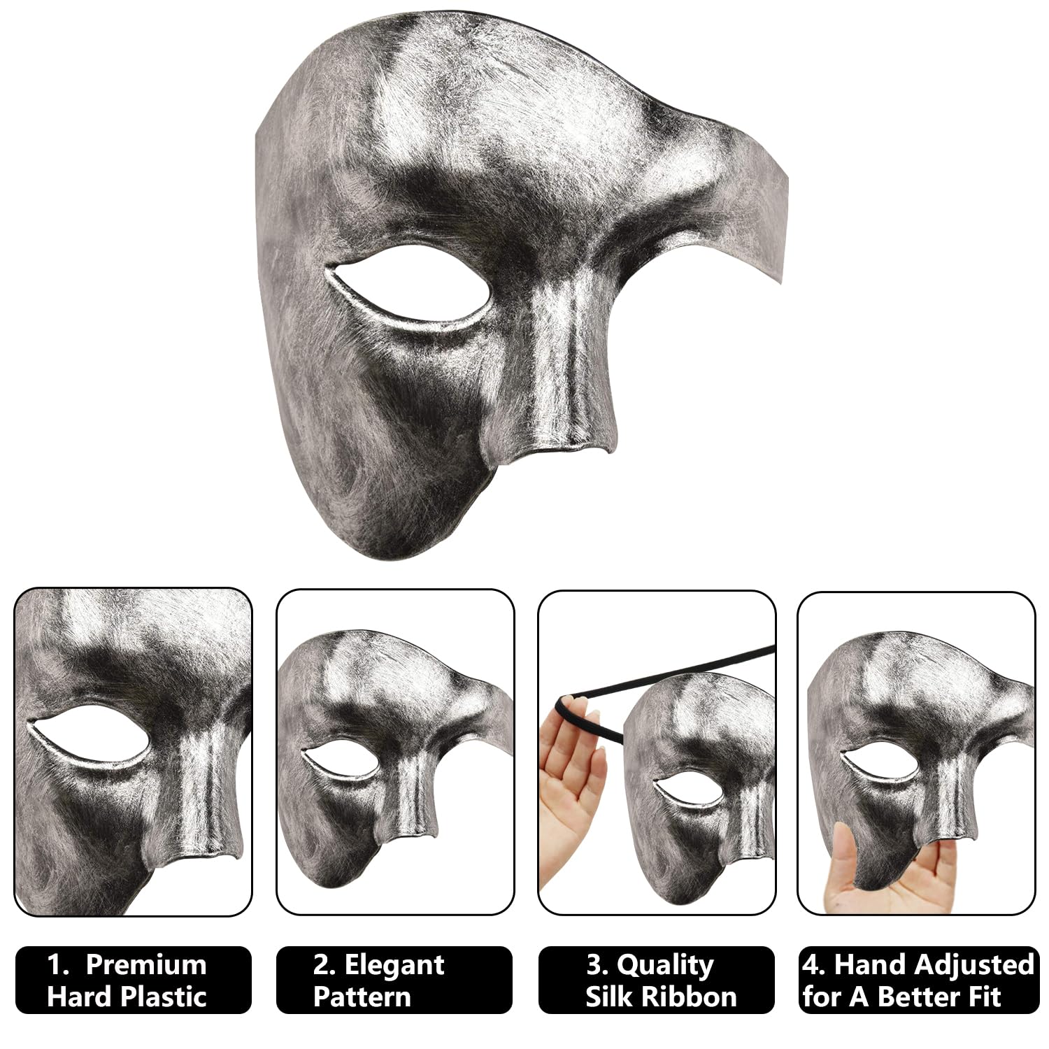 LKITMIUT Men's Masquerade Mask - Phantom of The Opera Half Face Mask for Halloween, Costume Party & Mardi Gras - Antique Silver Venetian Style Mask - Perfect for Theatrical Performances, Cosplay & Gothic Events