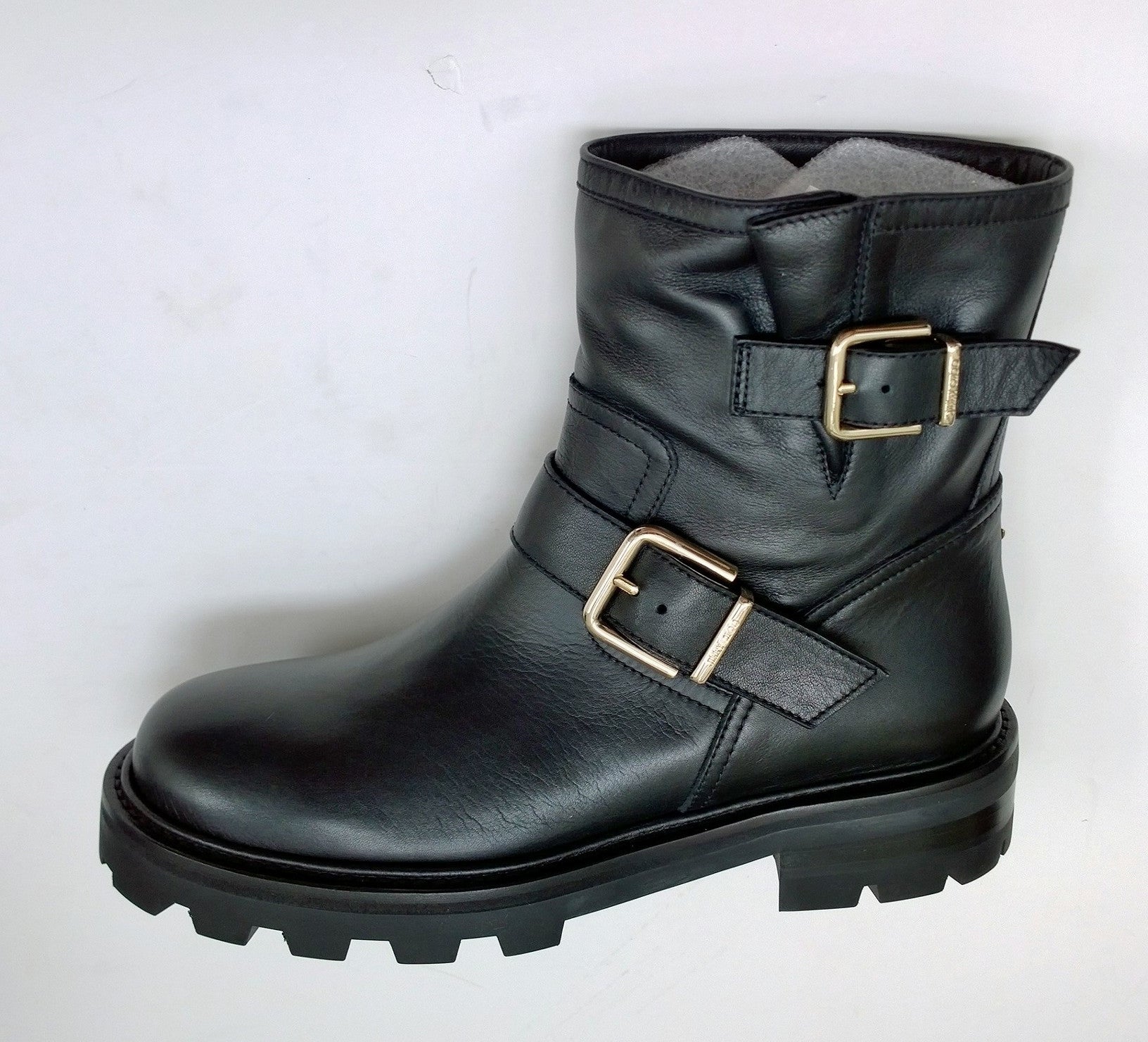 Jimmy Choo Youth Black Leather Biker Ankle Boots with Lug Rubber Sole - Stylish & Comfortable Women's Shoes for Casual Outings & Night Events