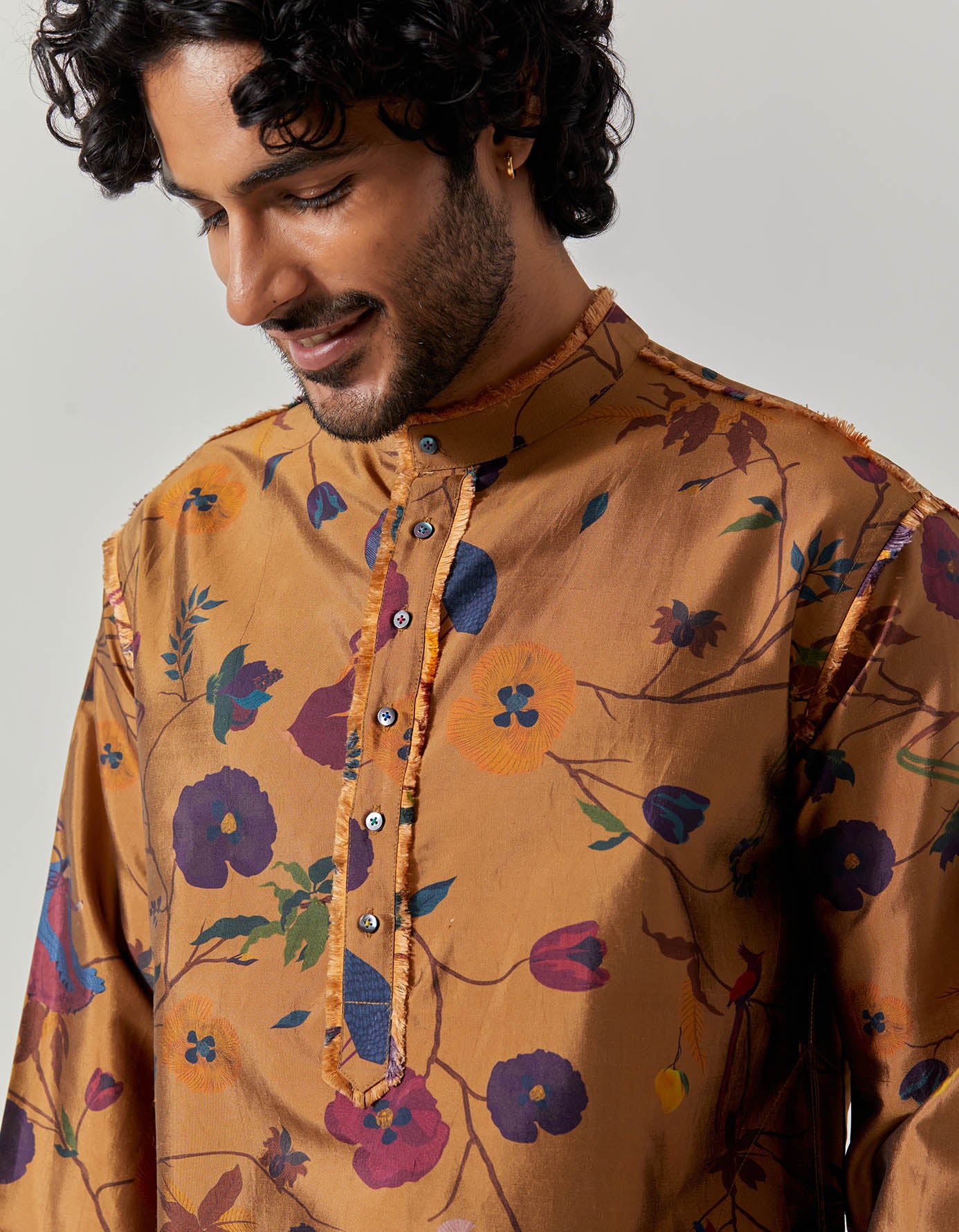 Raw Edge Bade Miyan Kurta - Premium Silk Dupion Gold Vineyard Embroidered Men's Tunic - Perfect for Festivals, Weddings & Cultural Events