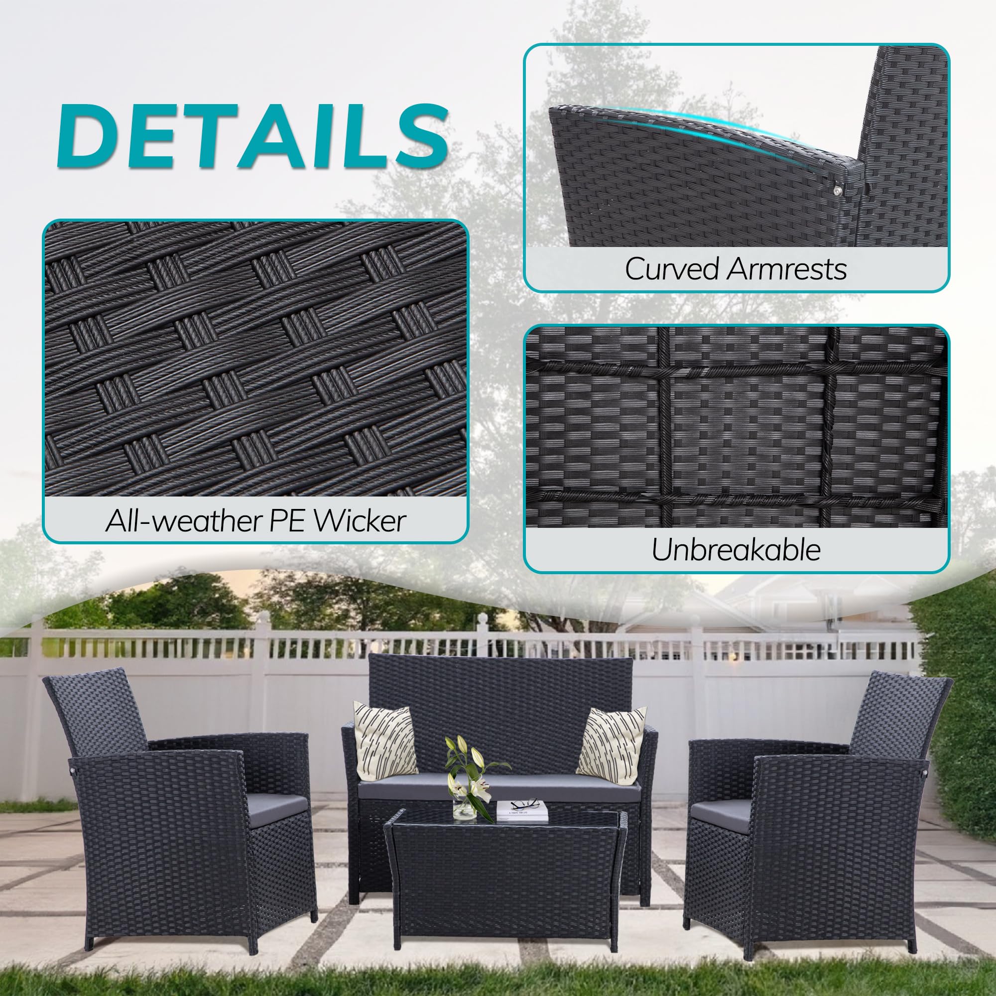 4-Piece Patio Furniture Set - Indoor/Outdoor Rattan Sectional Sofa with Gray Cushions, Black Wicker Conversation Set for Garden, Balcony, Backyard, Porch & Lawn - Perfect for Outdoor Entertaining & Relaxation