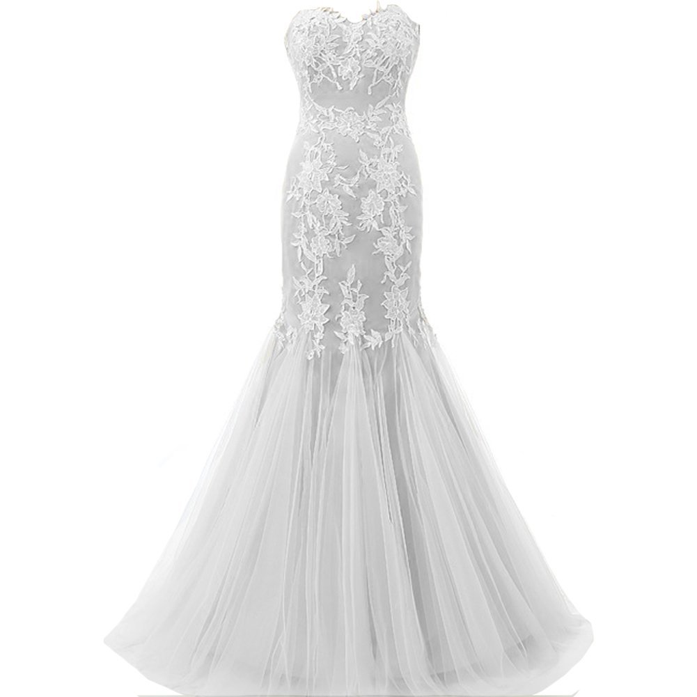 Kivary Mermaid Long White Lace Tulle Corset Back Formal Prom Evening Dresses for Women | Elegant Wedding Guest Gown & Homecoming Party Dress
