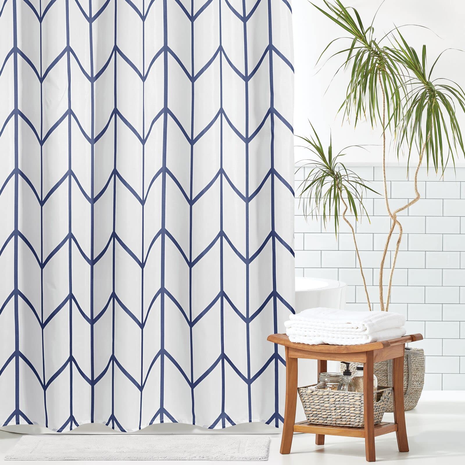Modern Herringbone Pattern Shower Curtain - Geometric Striped Bathroom Decor - Waterproof Fabric Shower Curtain with Rustproof Grommets - 72