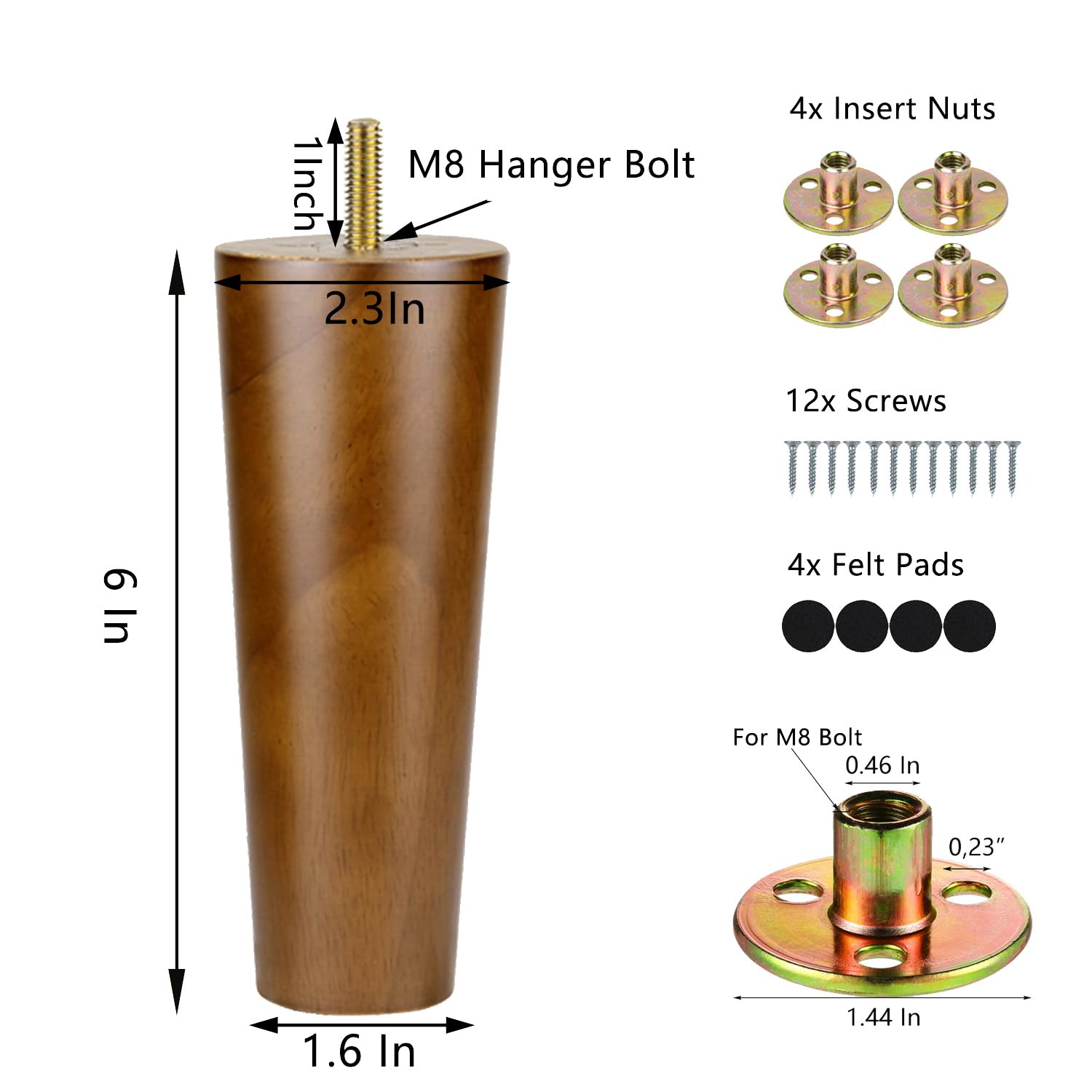 Maricome 6 Inch Wooden Furniture Legs - Set of 4 Replacement Cabinet, Couch & Sofa Legs with M8 Bolts - Mid Century Modern Walnut Finish for Living Room, Bedroom & Office Furniture Upgrade