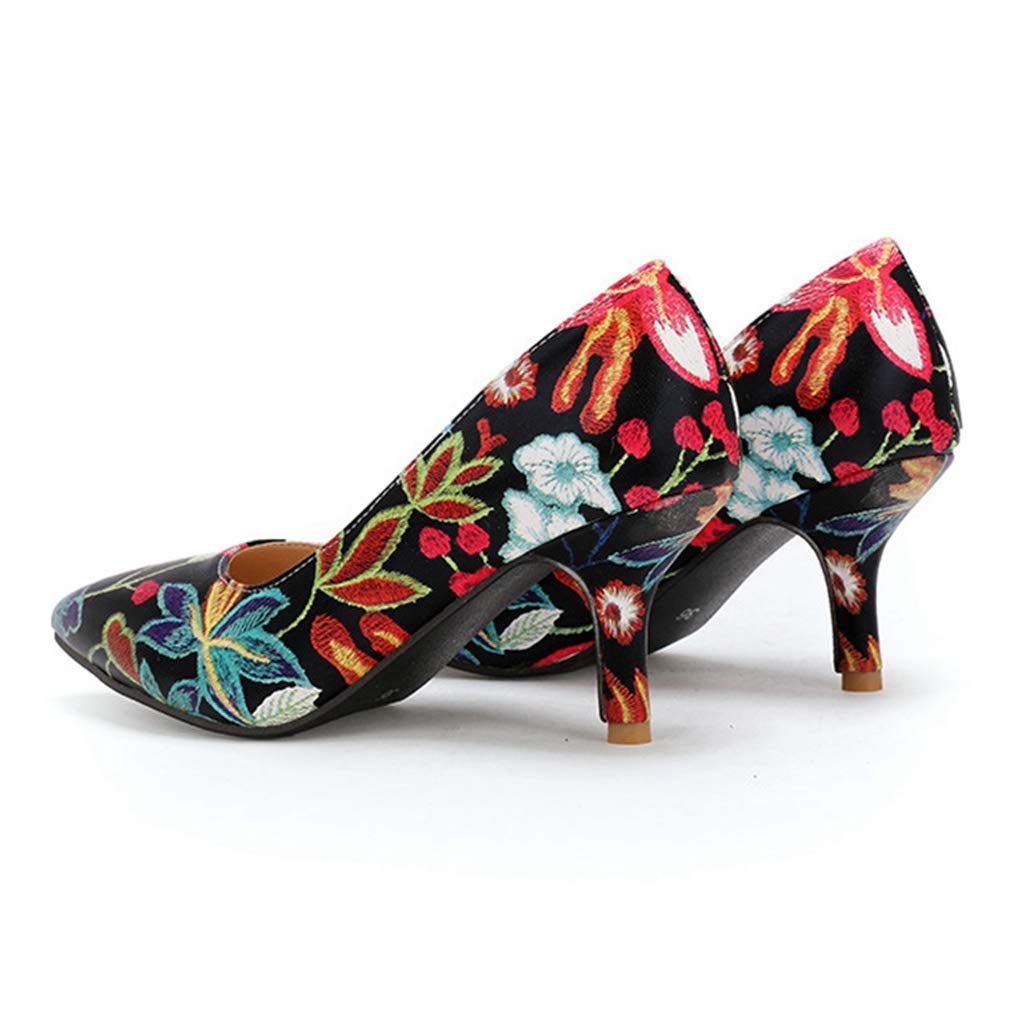 Mioke Women's Retro Embroidered Floral Kitten Heel Pumps - Pointed Toe Slip-On Stiletto Dress Shoes for Wedding, Party & Office Wear - Elegant Vintage Style Ladies Dress Pumps