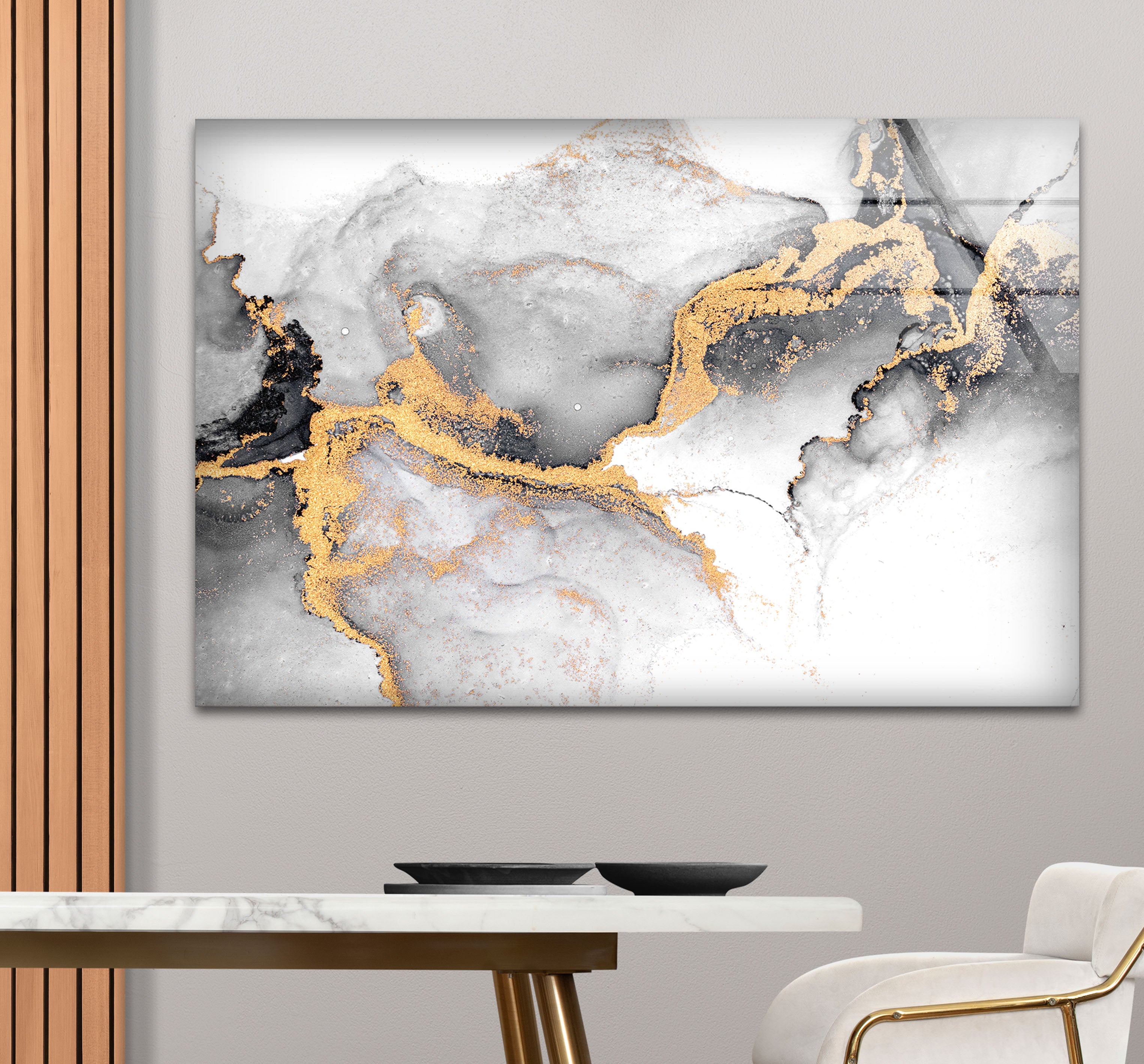 Black White and Gold Abstract Wall Art - Minimalist Glass Print for Modern Home & Office Decor | Perfect for Living Room, Bedroom & Office Spaces