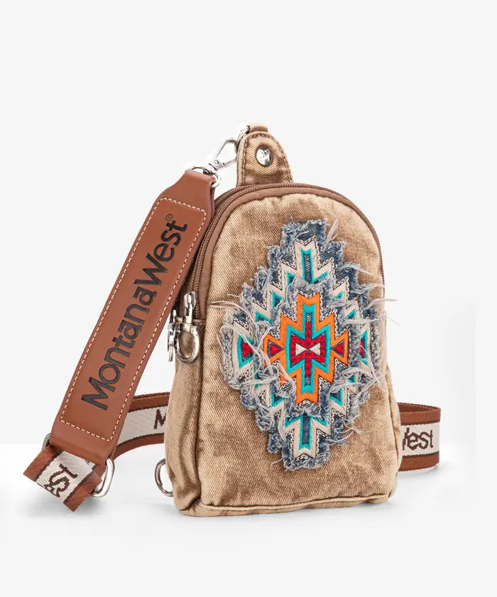 Montana West Aztec Denim Sling Bag for Women - Stylish Crossbody Purse with Adjustable Strap, Perfect for Travel, Shopping & Everyday Use