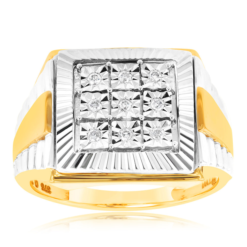 9ct Yellow Gold & Rhodium Plated Men's Diamond Ring Set with 9 Brilliant Cut Diamonds - Perfect for Weddings, Anniversaries & Special Occasions