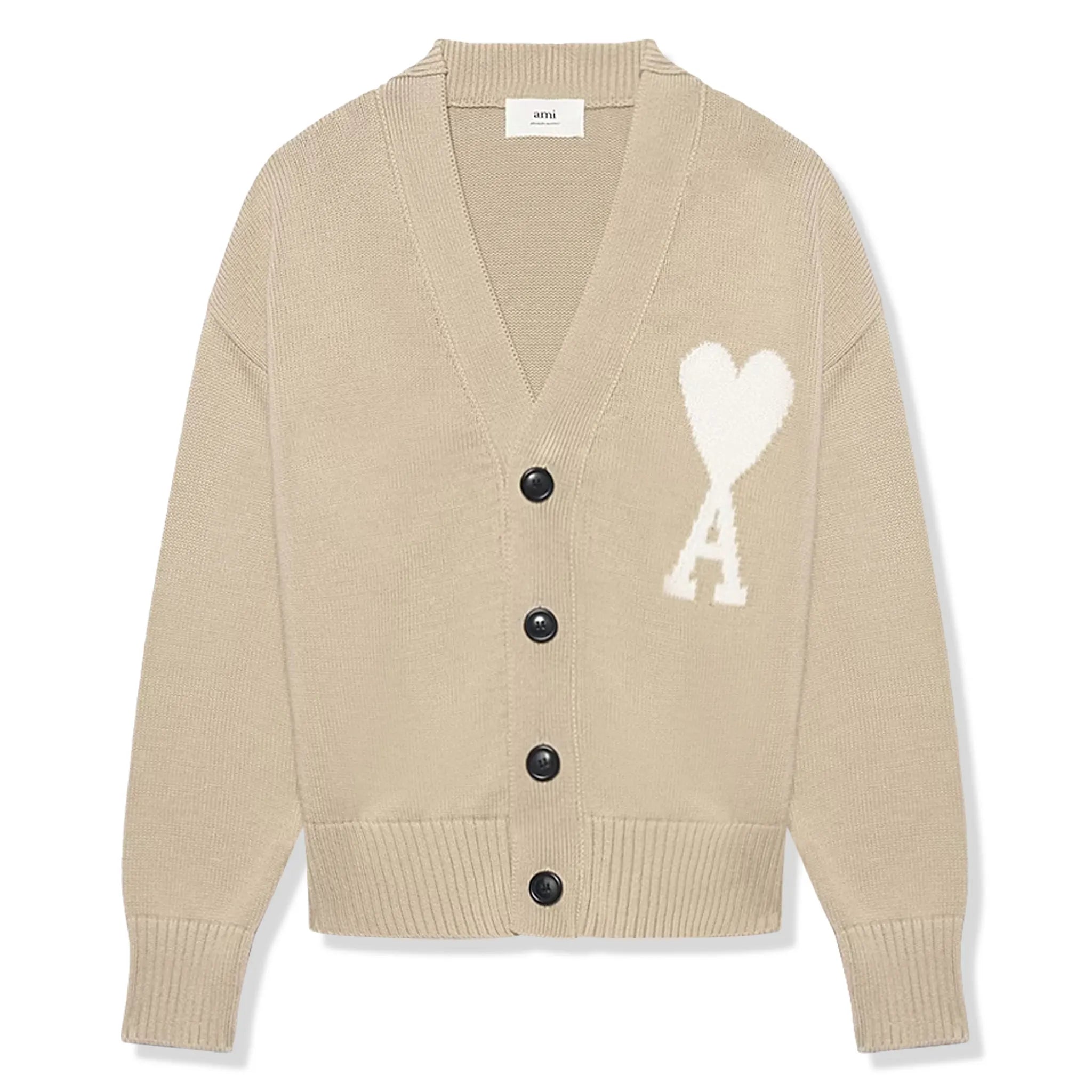 Ami Paris Ami De Coeur ADC Beige White Cardigan Sweater for Women | Cozy Knit Pullover | Perfect for Fall, Winter & Casual Outfits