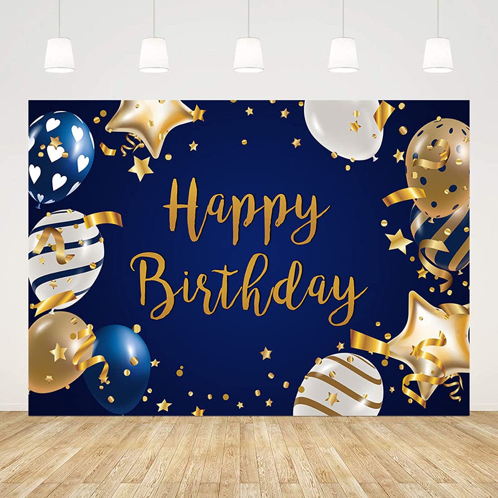 MEHOFOND Navy Blue & Gold Happy Birthday Banner Backdrop - 7x5ft Vinyl Photography Background for Men's Birthday Party Decor, Cake Table, Studio & Photo Booth Props | Perfect for Indoor & Outdoor Celebrations