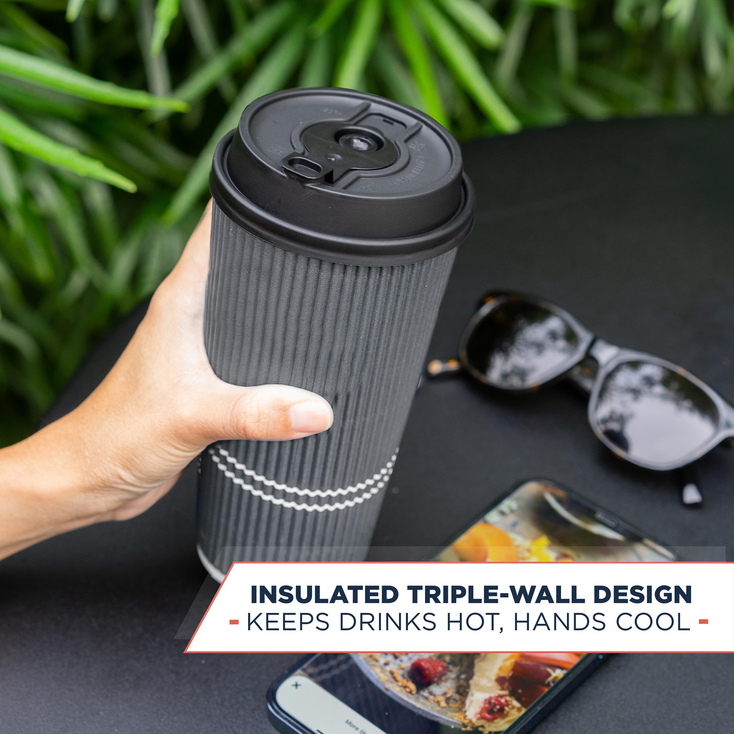 22 oz Disposable Coffee Cups with Lids - Insulated Travel To-Go Paper Cups for Hot & Cold Beverages, No Sleeve Needed (25 Pack, Dusk Grey) - Perfect for Office, Commuting, Road Trips and Outdoor Adventures