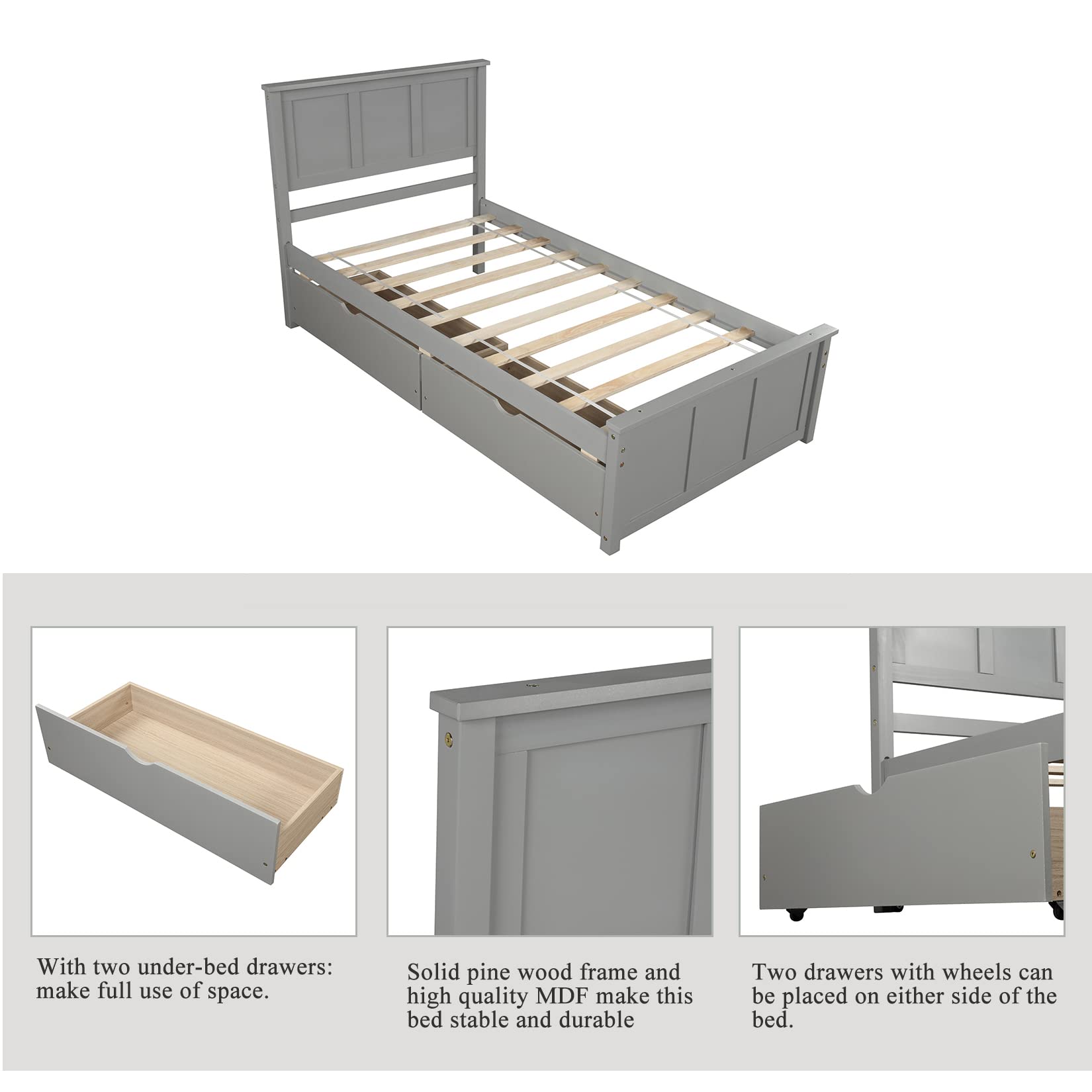 Twin Size Wooden Platform Bed Frame with Storage Drawers, Headboard & Footboard - Sturdy Captain Bed for Kids, Teens, Boys & Girls (Gray) - Perfect for Small Bedrooms, Guest Rooms & Dormitories