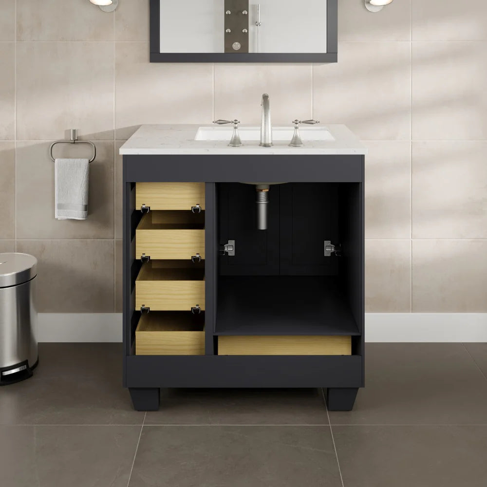 Eviva Acclaim 30 Inch Bathroom Vanity with Carrara Quartz Countertop - Modern White Bathroom Sink Cabinet for Small Spaces, Perfect for Powder Rooms and Guest Bathrooms