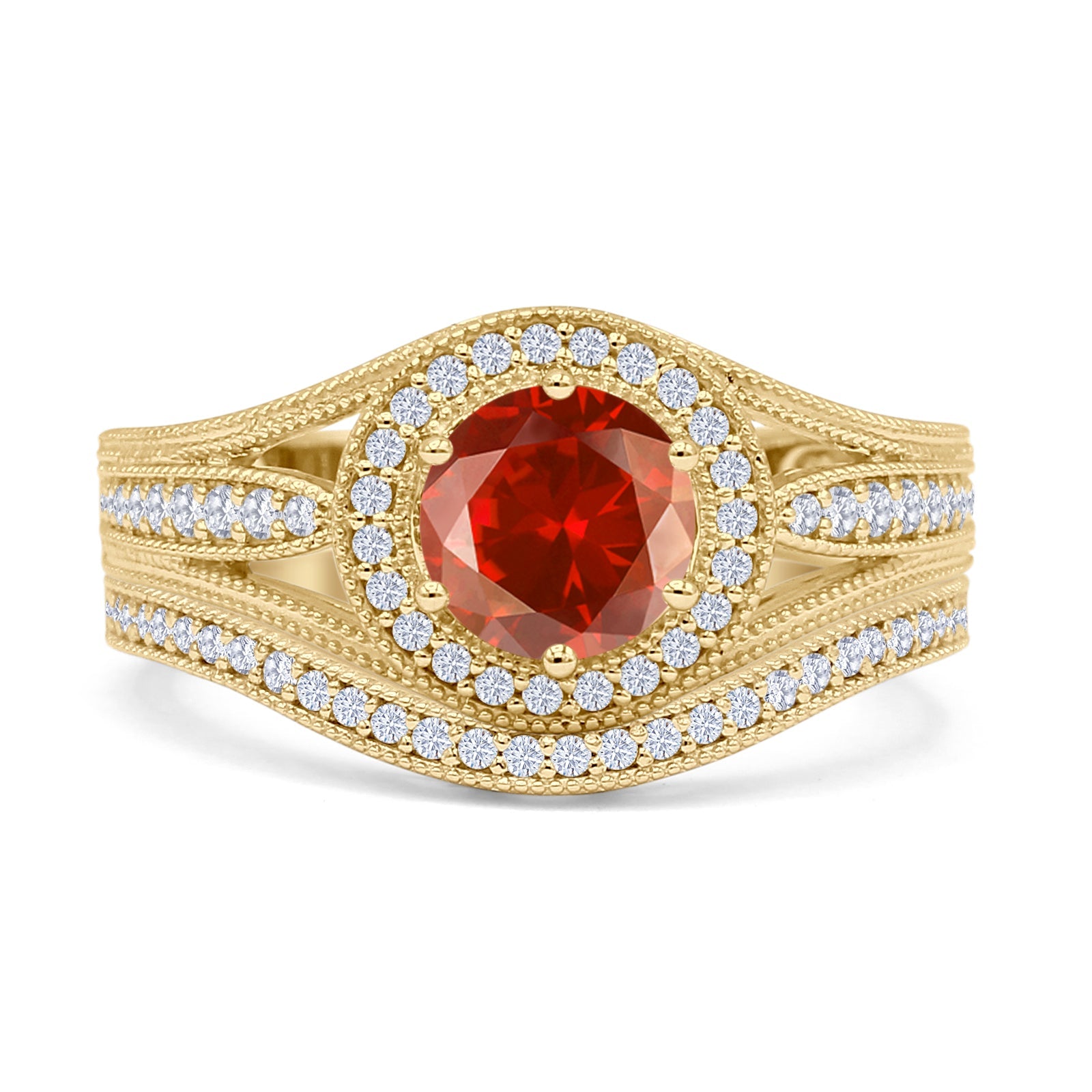 14K Yellow Gold Round Halo Split Shank Garnet CZ Ring for Women - Elegant Two Piece Curved Contour Band Wedding Ring Set, Perfect for Engagement, Anniversary and Special Occasions