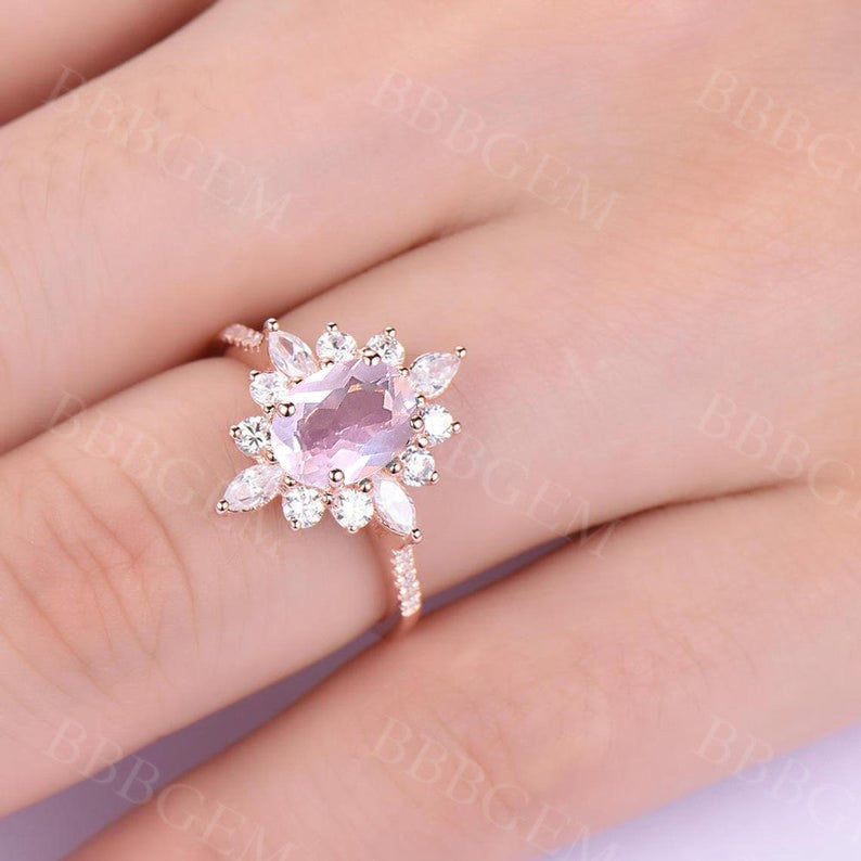 Art Deco Oval Cut Rose Quartz Engagement Ring with Marquise Shaped Moissanite - Perfect for Wedding, Proposal & Anniversary Gifts