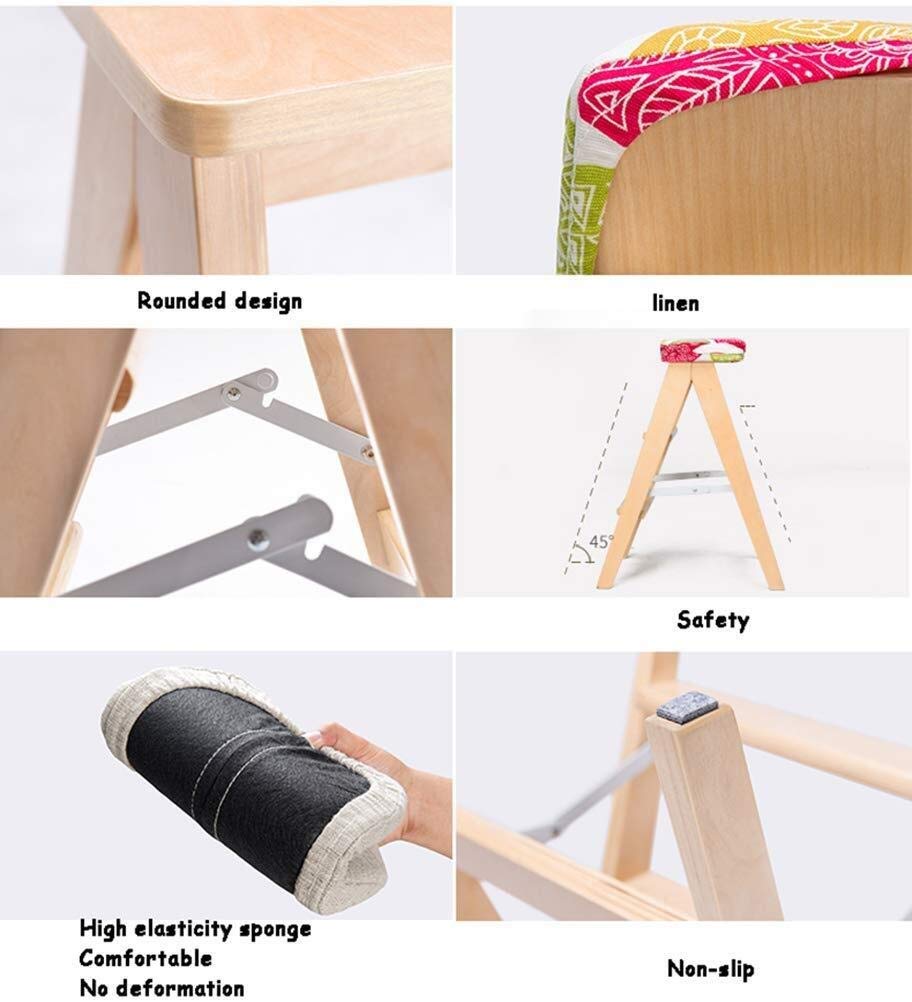 3-Step Foldable Wooden Stool Ladder for Home - Indoor Climbing Step Stool, Sponge Cushioned Seat, Green Ladder Chair - Perfect for Kitchen, Bathroom, and Kids' Room