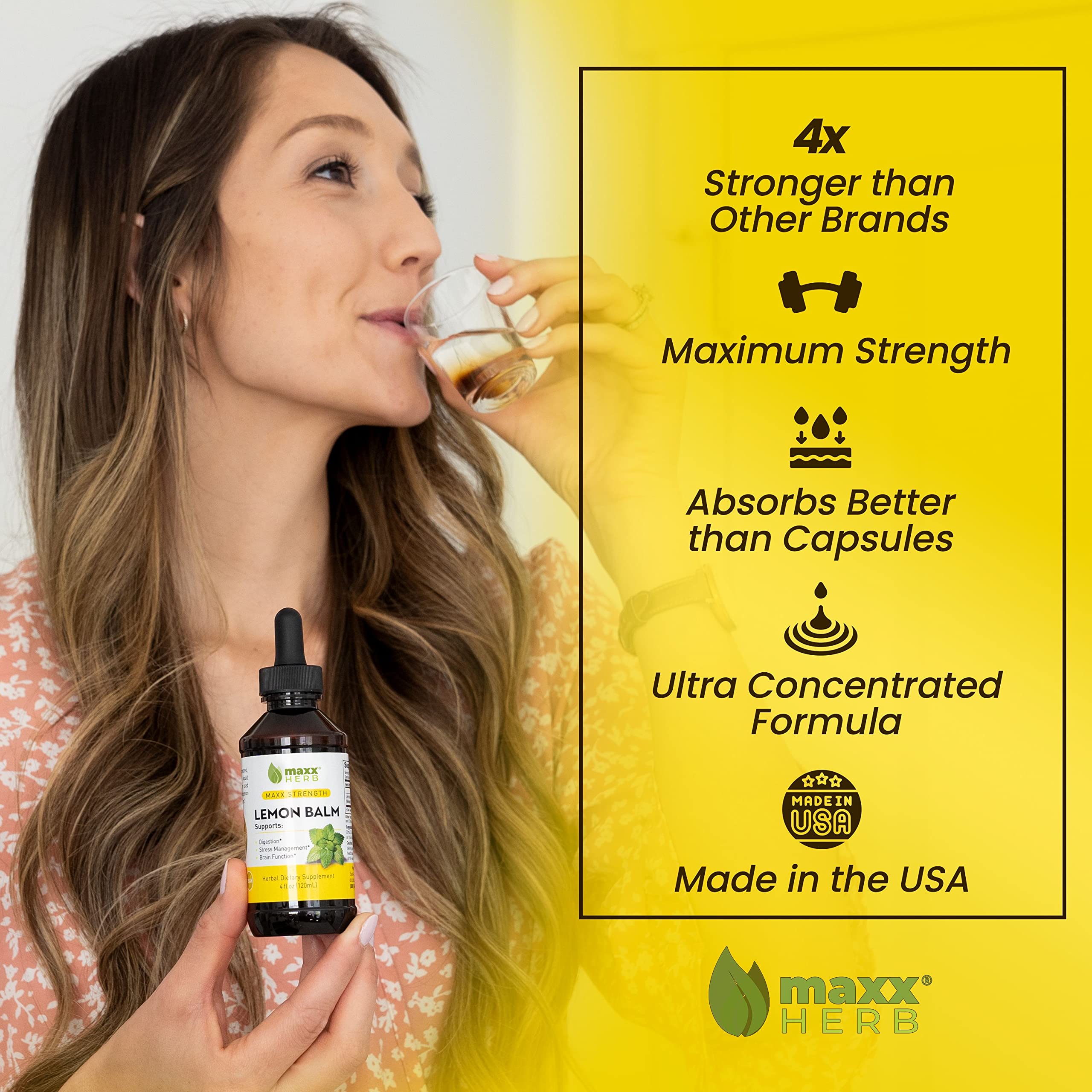 Maxx Herb Lemon Balm Extract - Maximum Strength Lemon Balm Tincture for Nervous System Support & Stress Relief - Fast Absorption Formula (Better Than Capsules) - 4 Bottles x 4oz (240 Servings) - Perfect for Daily Relaxation, Anxiety Relief & Natural Sleep Aid