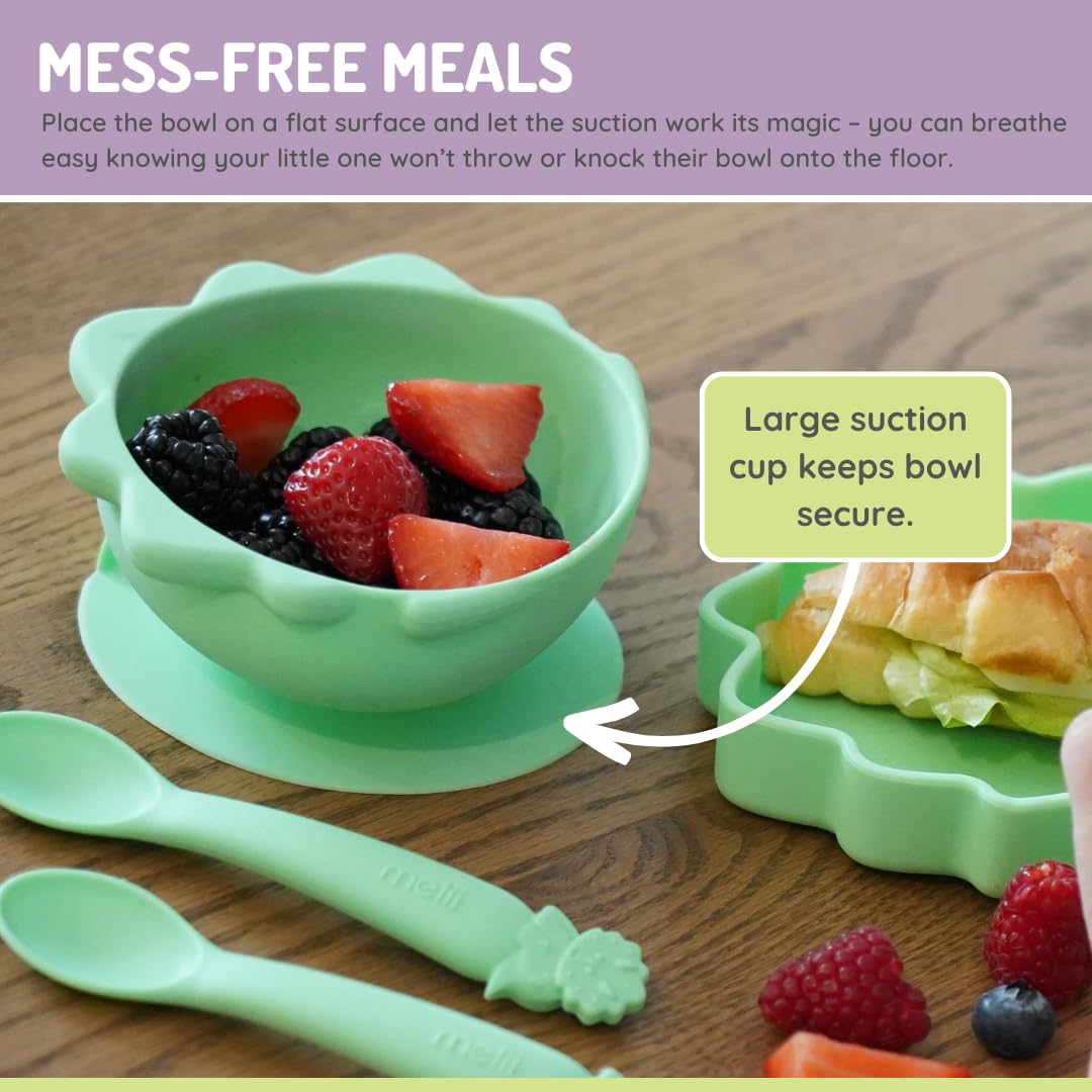 Melii Dinosaur Silicone Suction Bowls for Babies & Toddlers - 2 Pack (10.1 oz Each) | 100% Food Grade, BPA Free, Dishwasher & Microwave Safe | Fun Animal-Shaped Feeding Bowls for Kids Mealtime, Snacks & Travel
