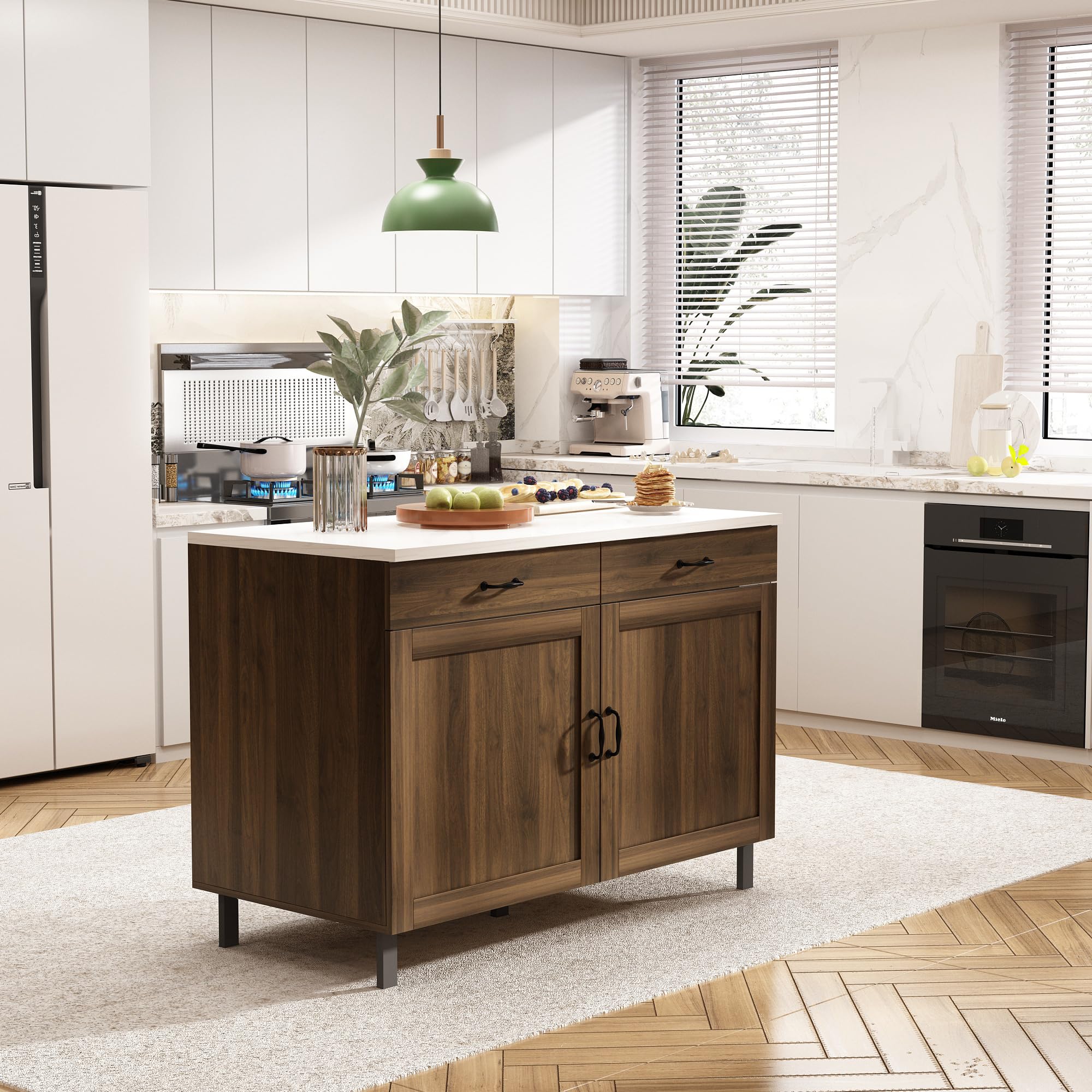 AIEGLE Kitchen Island with Storage Cabinet - Stationary Kitchen Table with 4 Shelves & 2 Drawers, Sideboard & Prep Table with Marble Grain Tabletop for Dining Room - Perfect for Small Kitchen Organization & Entertaining (Dark Brown)