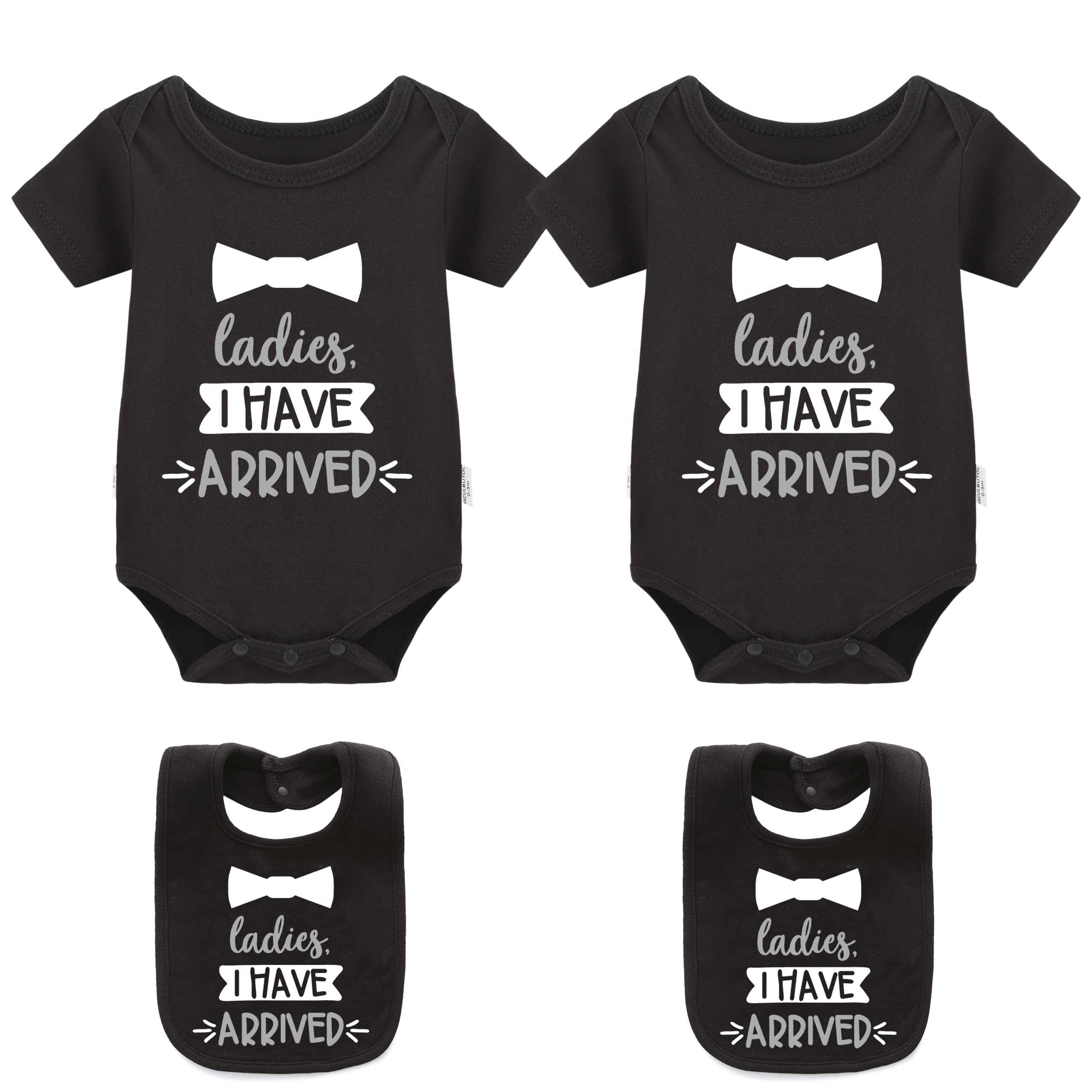 YSCULBUTOL Baby Twins Bodysuit - Matching Ladies 'We Have Arrived' T-Shirts for Twin Siblings | Perfect for Family Photos, Twin Announcements & Special Occasions