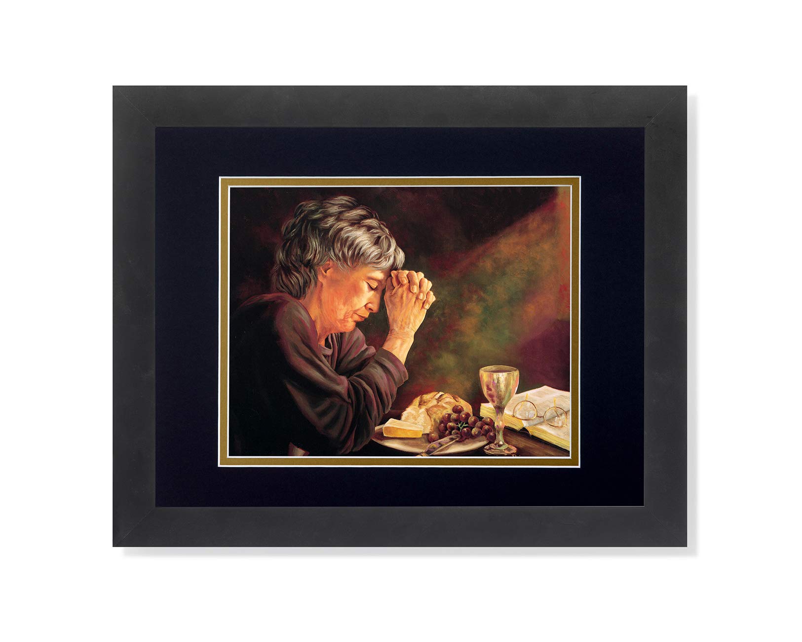 Religious Framed Wall Art Print - Gratitude Lady Praying at Dinner Table, Daily Bread Grace, 13x16 Matted & Framed - Perfect for Home Decor, Kitchen, Dining Room, Church & Spiritual Spaces