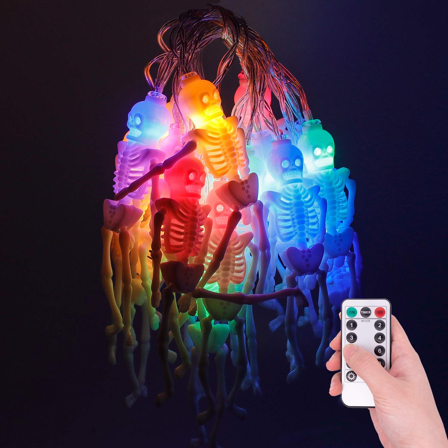 Halloween Skeleton Skull String Lights - 9.8ft 20 LED Battery Operated Waterproof Fairy Lights with Remote Control (8 Lighting Modes) - Perfect for Halloween Decor, Horror Party, Home, Bedroom, Patio & Garden Decorations - Spooky Atmosphere Lighting for Indoor & Outdoor Use