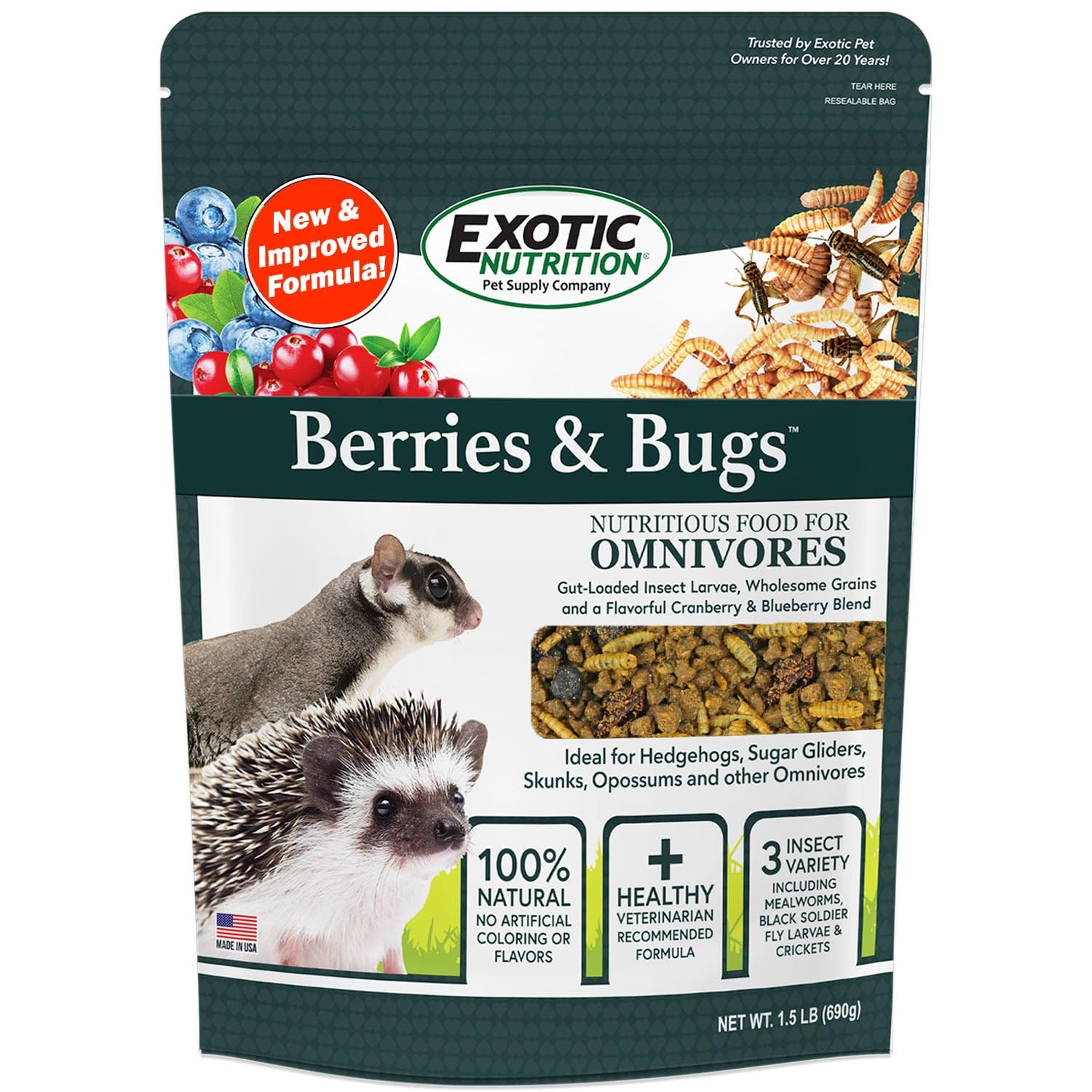 Premium 1.5 lb Berries & Bugs Natural High Protein Hedgehog Food - All-Natural Insectivore Diet with Fruits, Gut-Loaded Insects & Vitamins for Hedgehogs, Skunks, Sugar Gliders - Perfect for Daily Feeding & Nutritional Supplement