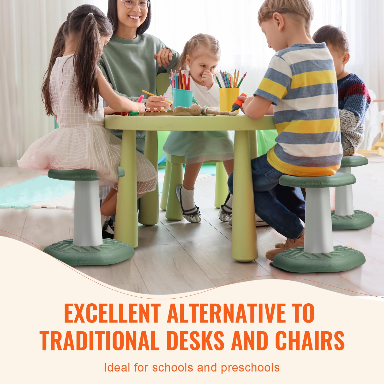 VEVOR Kids Wobble Chair with Sponge Cushion - Adjustable Active Stool for Improved Focus & Posture, Calming Sensory Seat for Ages 3-7, Green - Perfect for Classrooms, Homeschooling & ADHD Therapy