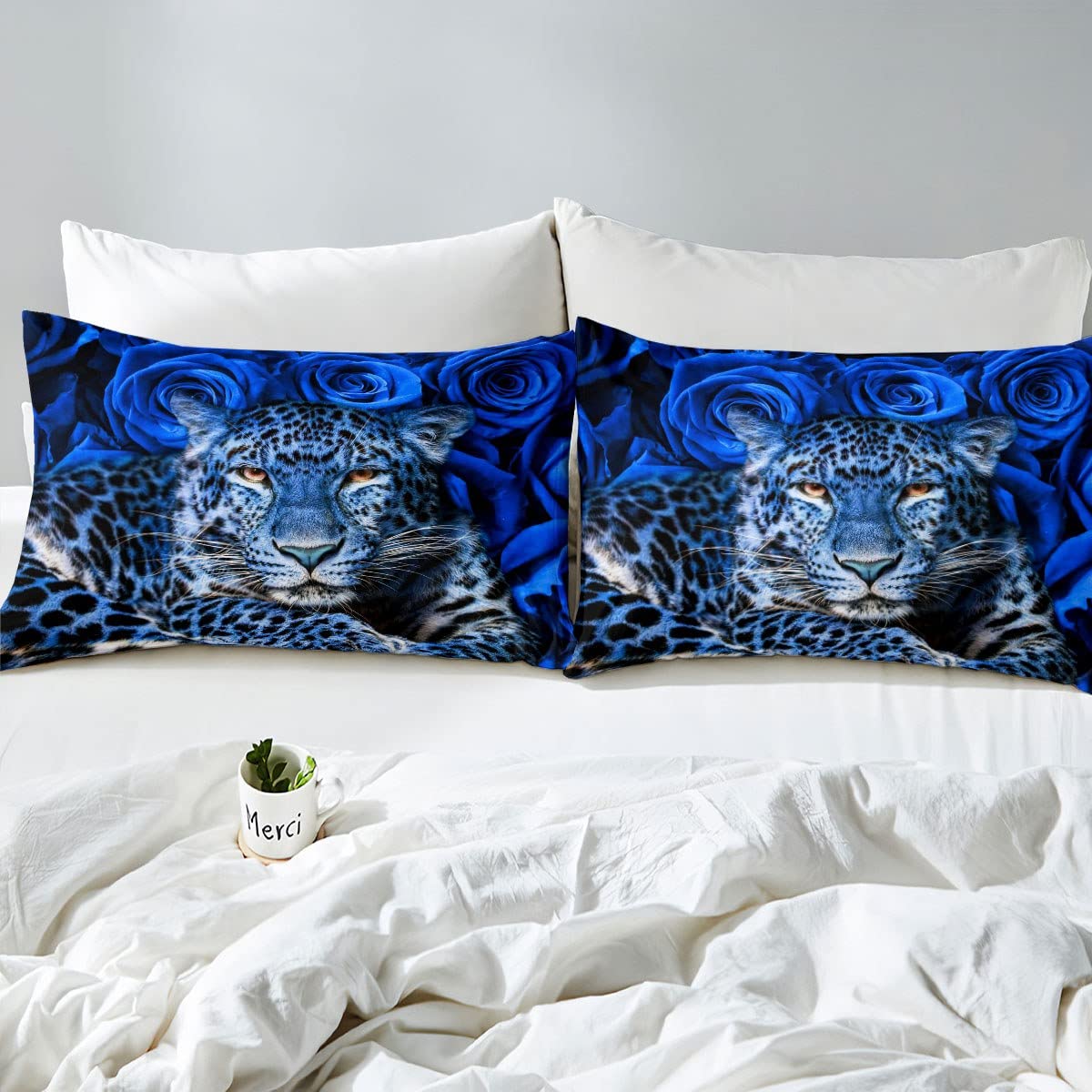Feelyou Leopard Print Bedding Set - Safari Cheetah Pattern Comforter Cover for Kids, Boys & Girls - Breathable Twin Size Wild Animal Bed Sheets with Blue Rose Design - Perfect for Jungle Themed Bedrooms & Teen Room Decor