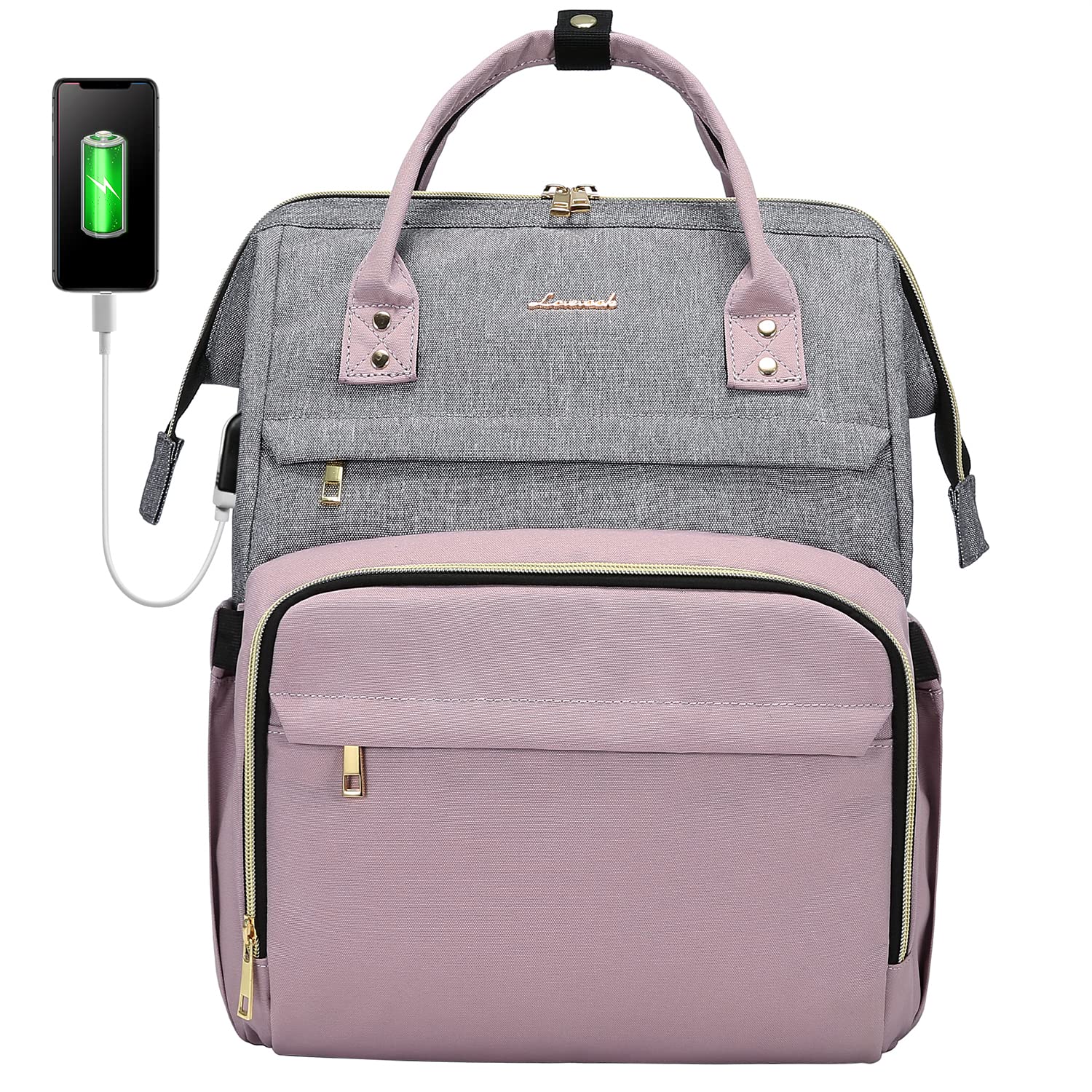 LOVEVOOK Women's Fashion Laptop Backpack - Stylish Business Travel Bag with USB Port, Fits 15.6-Inch Laptop, Light Purple & Grey - Perfect for Work, School, and Daily Commute