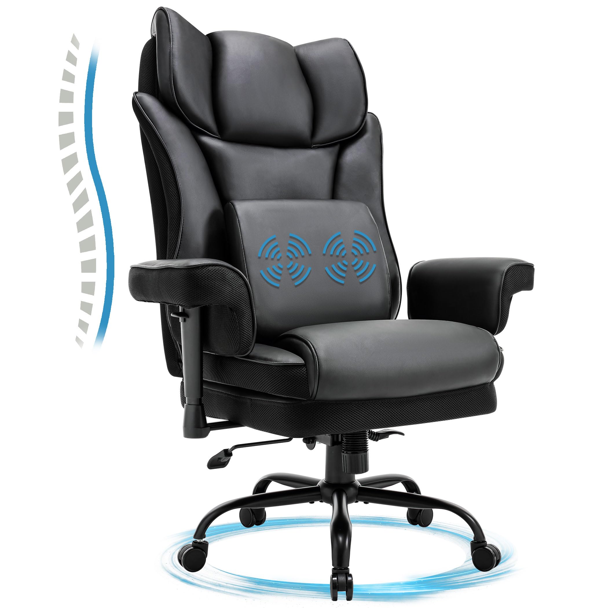 Big and Tall Office Chair for Heavy People up to 500lbs - Ergonomic High Back Executive Desk Chair with Adjustable Height, Lumbar Support & Padded Armrests - Rocking Massage Function (Dark Black) - Perfect for Home Office, Gaming & Workspaces