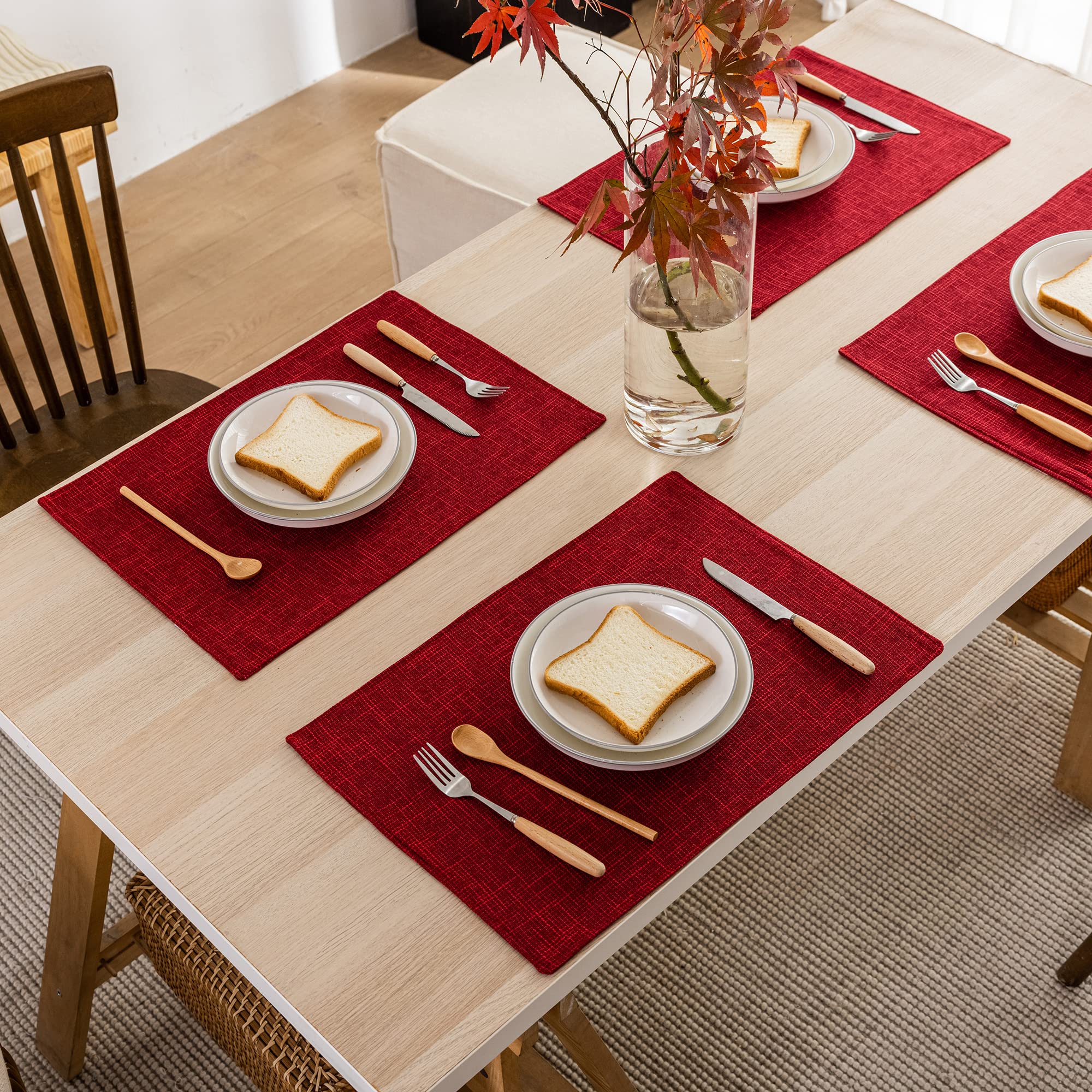 Kevin Textile 4-Piece Burlap Linen Placemats Set - Heat Resistant, Washable Dining Table Mats (13x19 Inches, Burgundy) for Valentine's Day, Kitchen & Holiday Decor