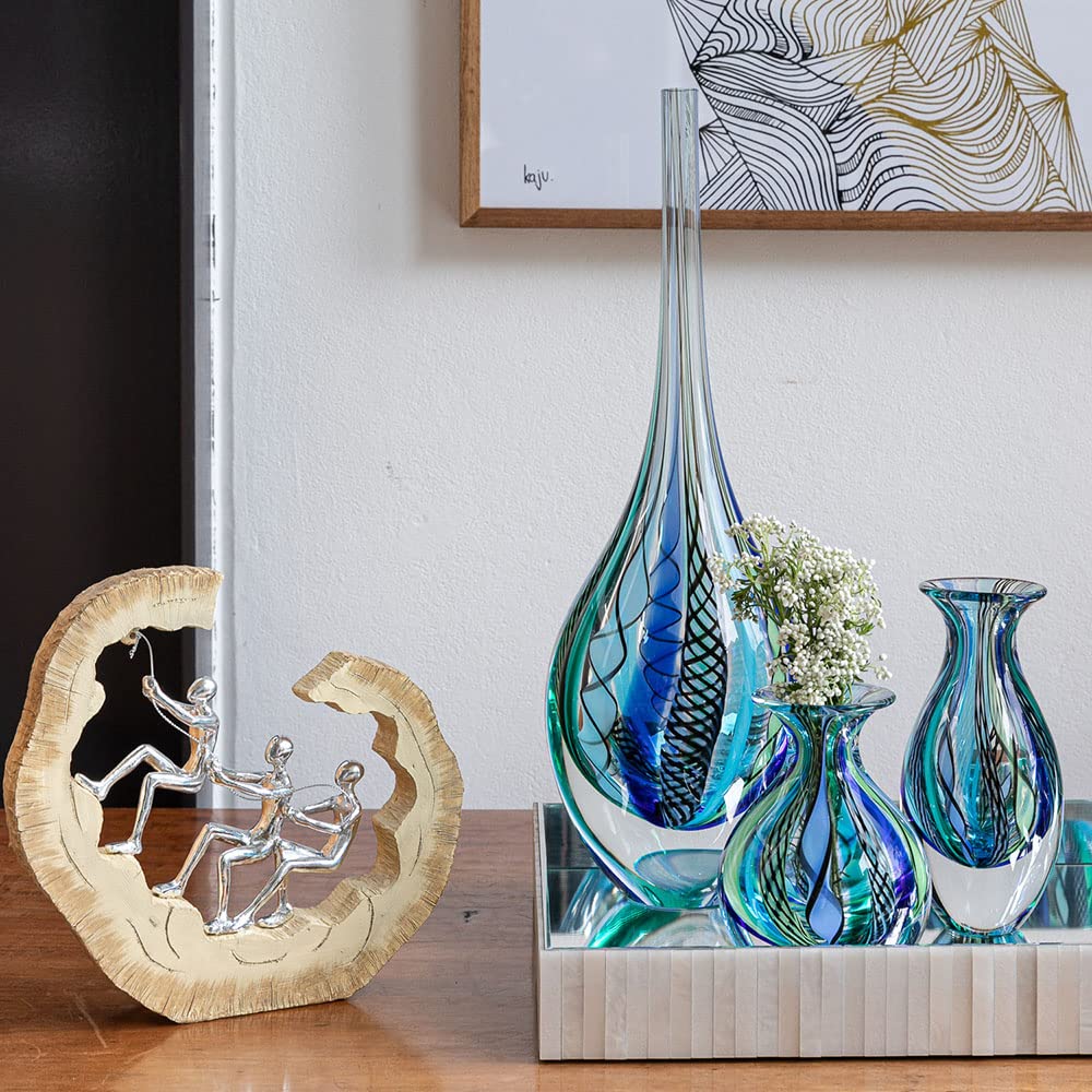 Hand Blown Murano-Style Art Glass Vase - Cá d'Oro Drop Glass Vase in Hippie Blue/Green Canes, Tall Model - Perfect for Bohemian Home Decor, Wedding Centerpieces & Luxury Gift Giving
