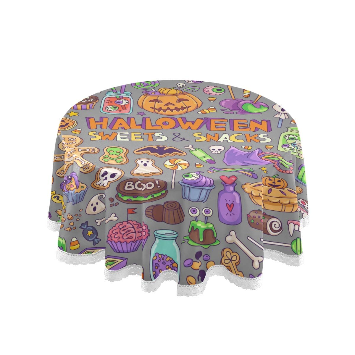 Halloween Candies Sweets Snacks and Drinks Round Tablecloth - 60 Inch Burlap Party Decor for Banquet, Holiday Festival & Everyday Use - Perfect for Halloween Parties, Thanksgiving Dinners and Christmas Celebrations
