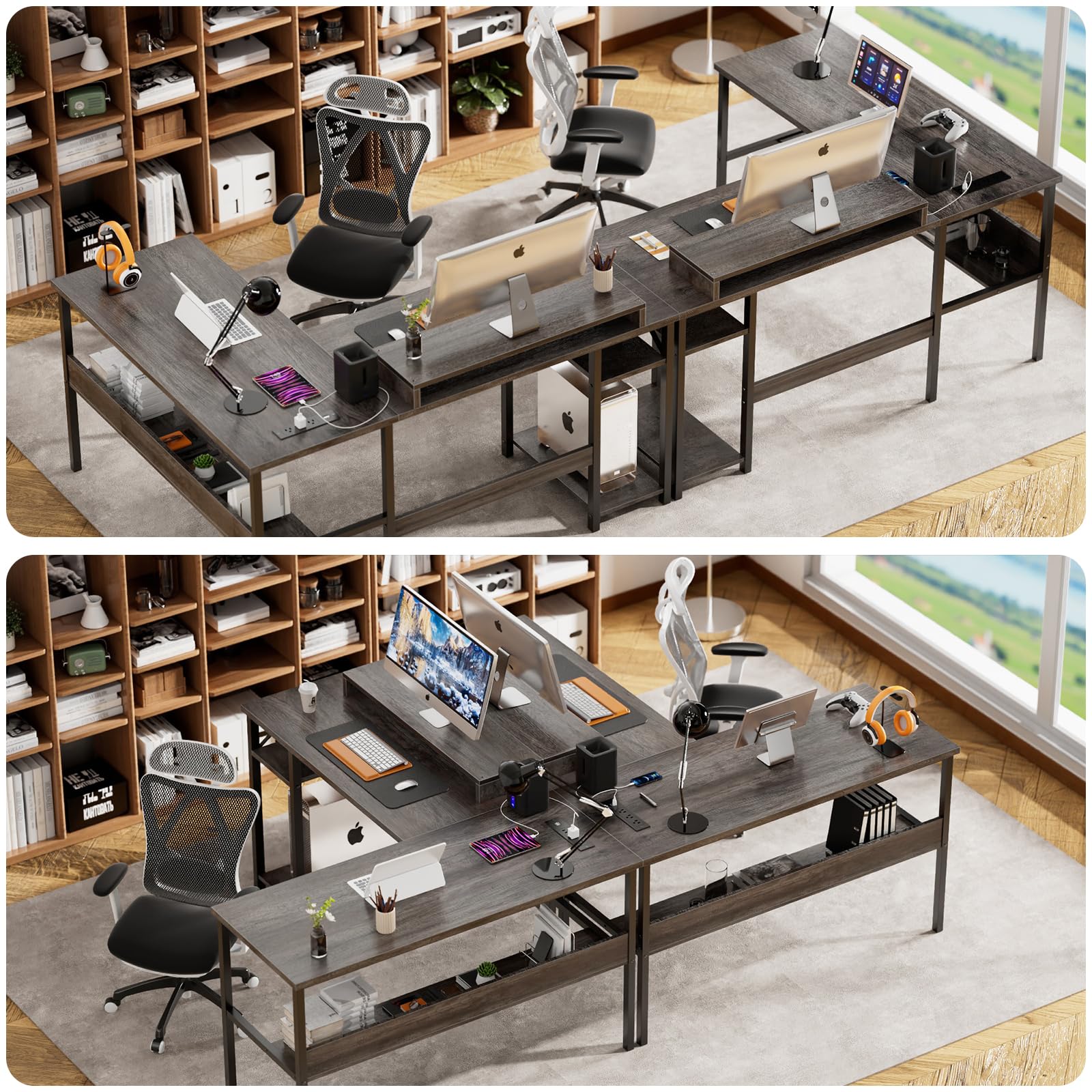 Unikito Reversible L-Shaped Desk with Power Outlets & RGB LED Lighting - Ergonomic Computer Desk with Monitor Stand & Storage Shelves - Black Oak Home Office Corner Desk (Easy Assembly) - Perfect for Gaming Setup, Remote Work & Small Space Solutions