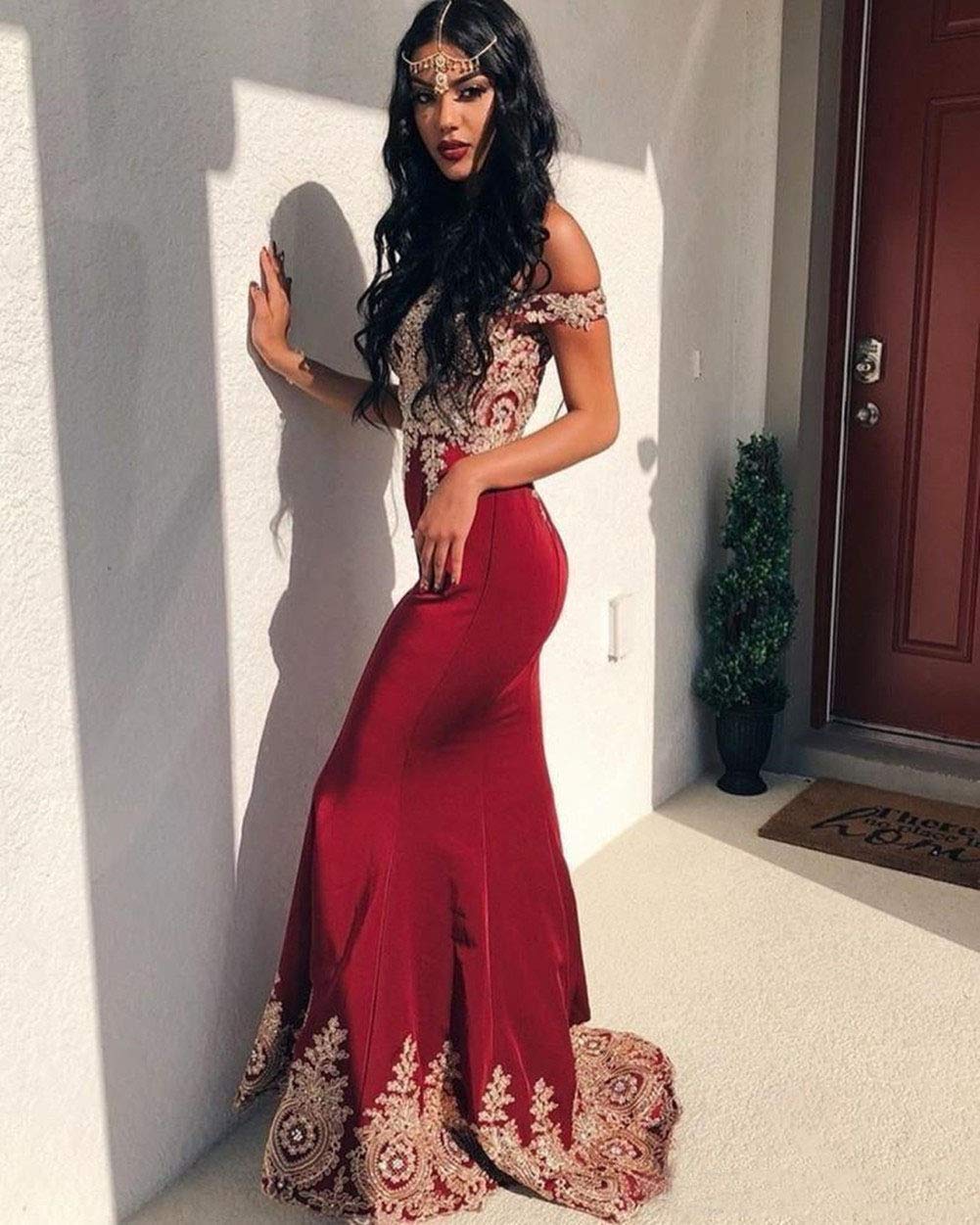 Emanni Women's Gold Lace Applique Mermaid Prom Dress - Off Shoulder Formal Evening Gown for Homecoming, Wedding, Pageant & Special Occasions