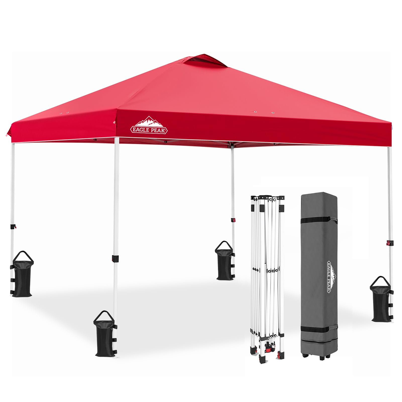 EAGLE PEAK 10x10 ft Pop Up Canopy Tent with Wheeled Carry Bag - Easy Setup Instant Shelter with 8 Stakes, 4 Ropes & 4 Weight Bags (100 sq ft Shade, Red) - Perfect for Outdoor Events, Camping, Beach, Picnics and Backyard Parties